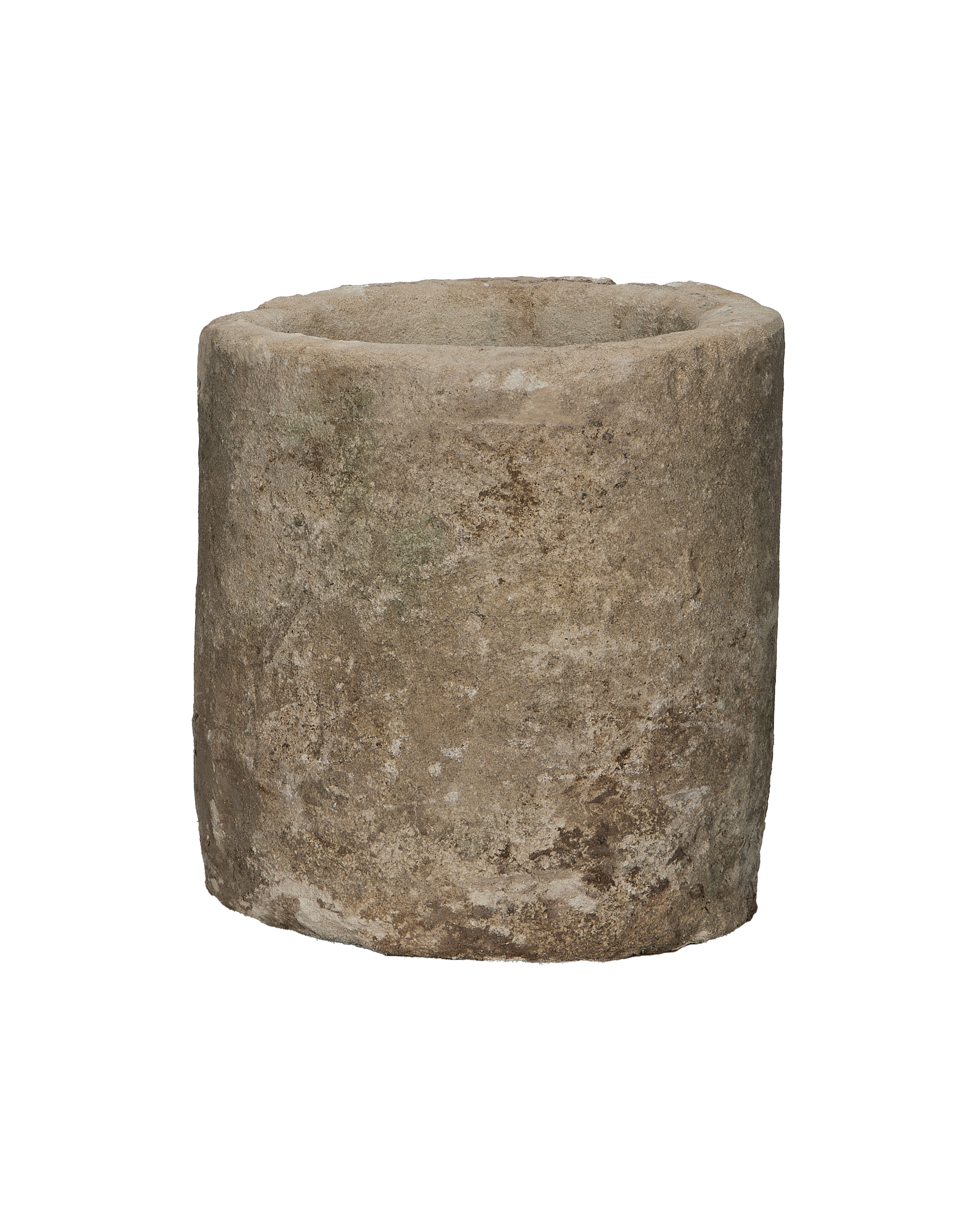 Vintage Indonesian round limestone trough, rough texture, weathered patina.