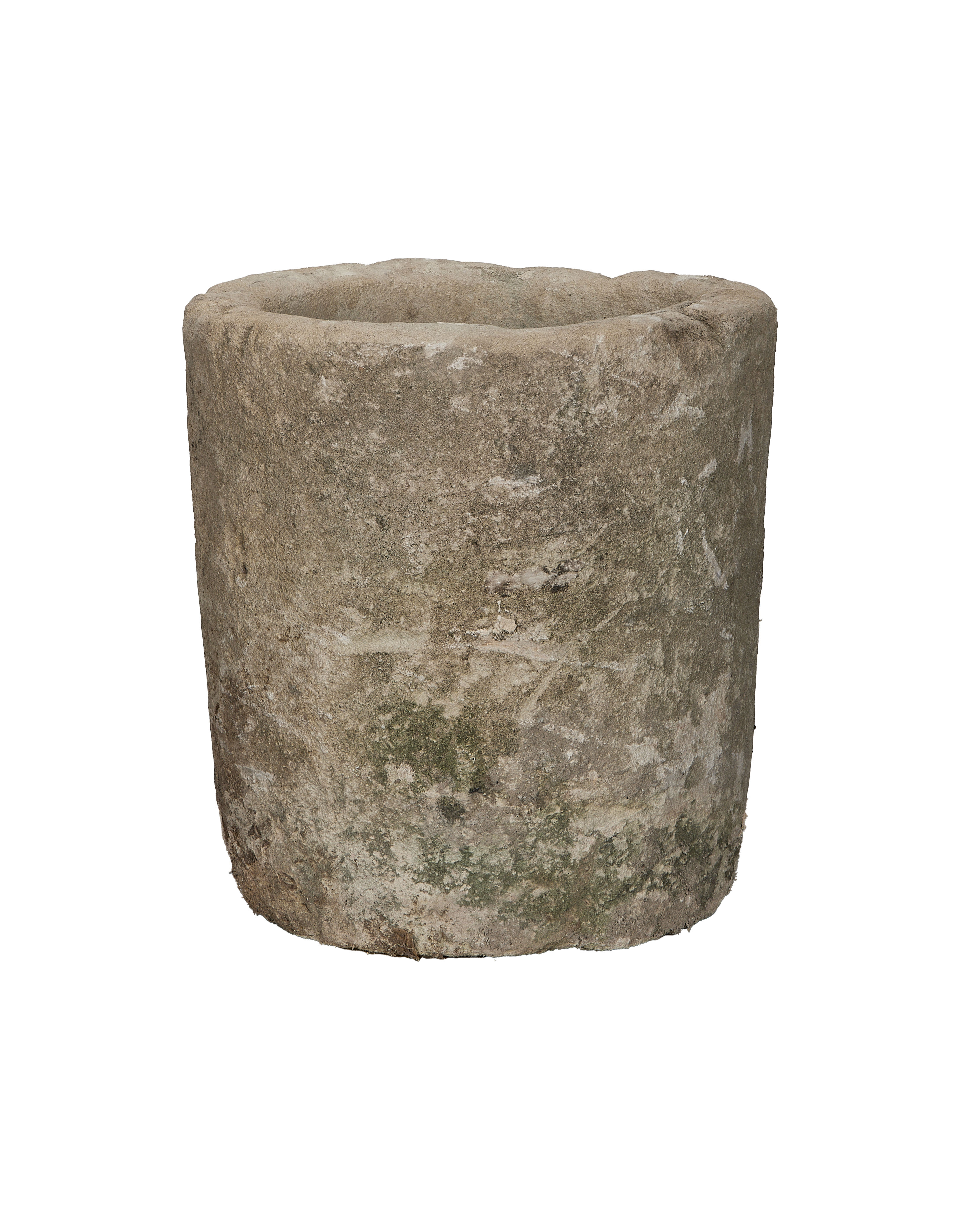 Vintage Indonesian round limestone trough, showing weathered texture and natural moss details.