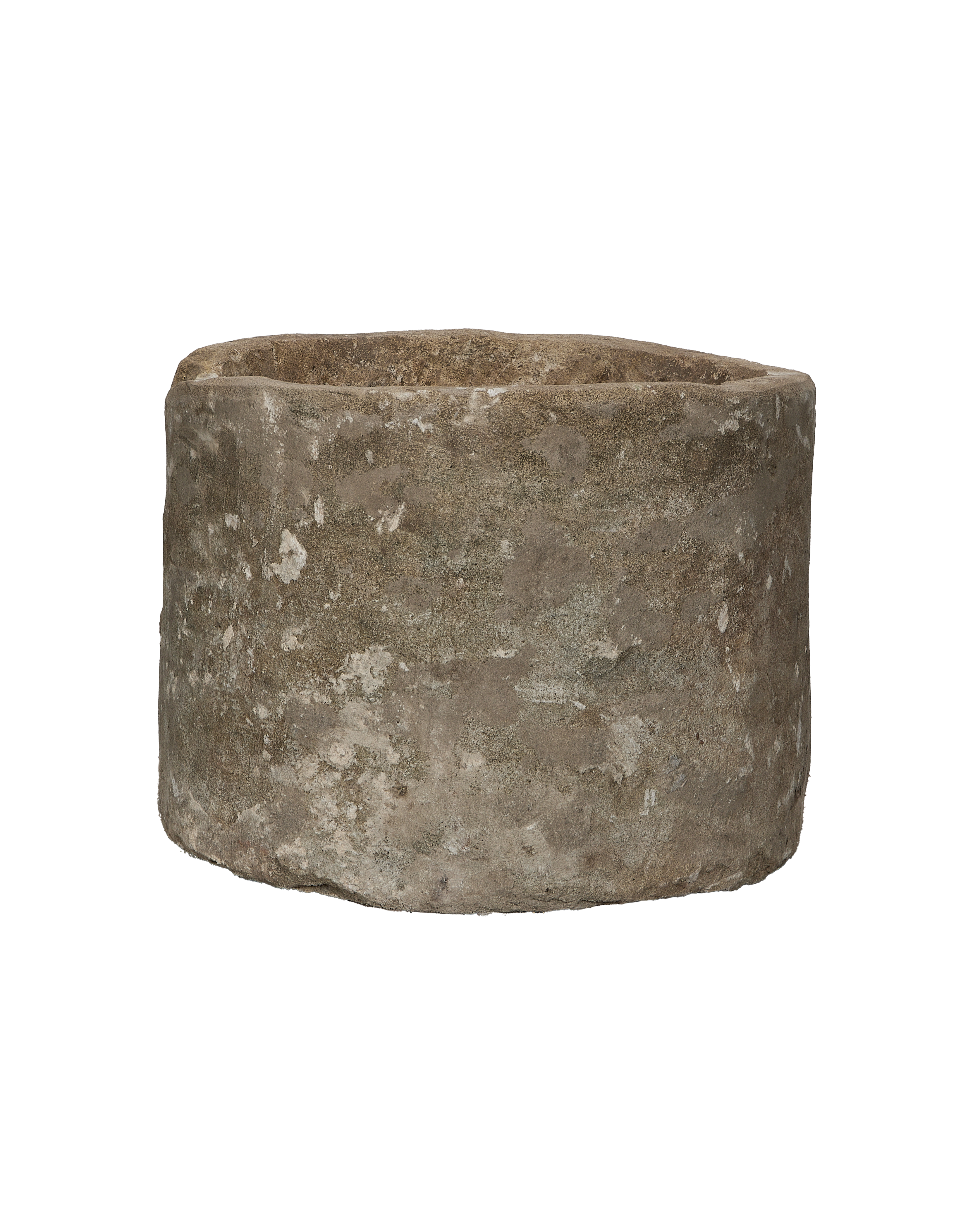 Vintage round limestone trough, grey-brown natural patina, Indonesia origin.