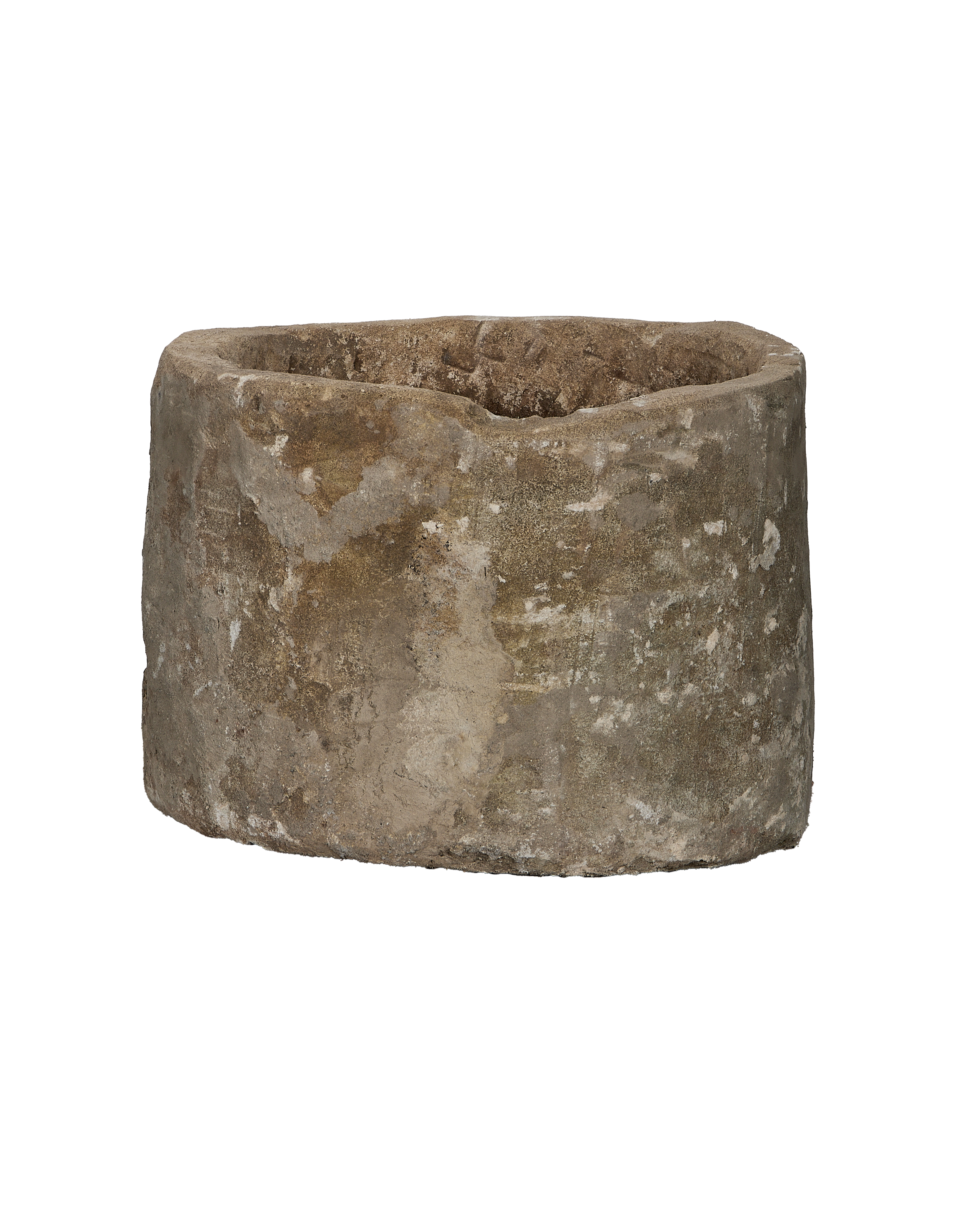 Vintage Indonesian round limestone trough, showing weathered side texture and rough rim detail.
