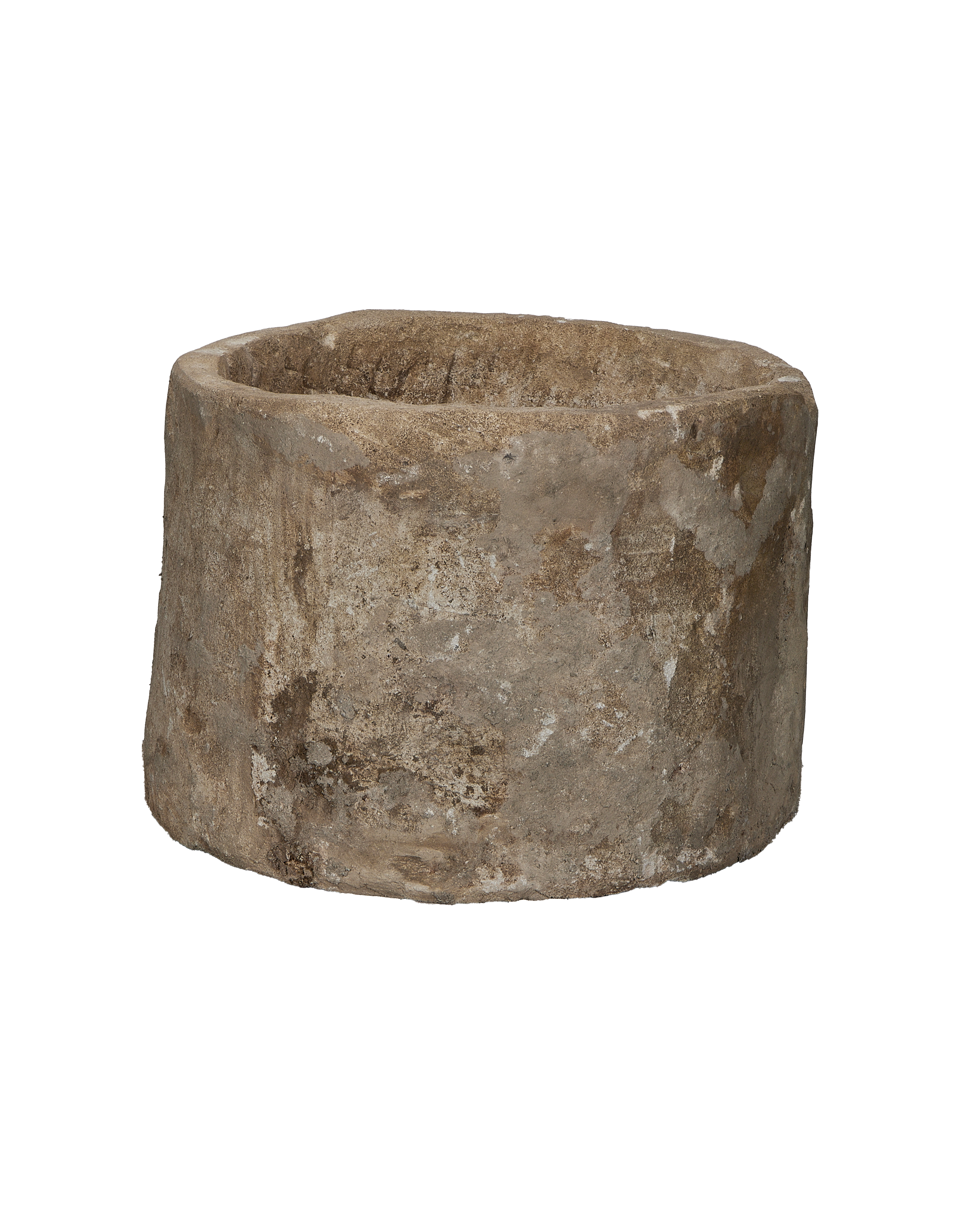 Vintage Indonesian round limestone trough, showing weathered texture and earthy patina.