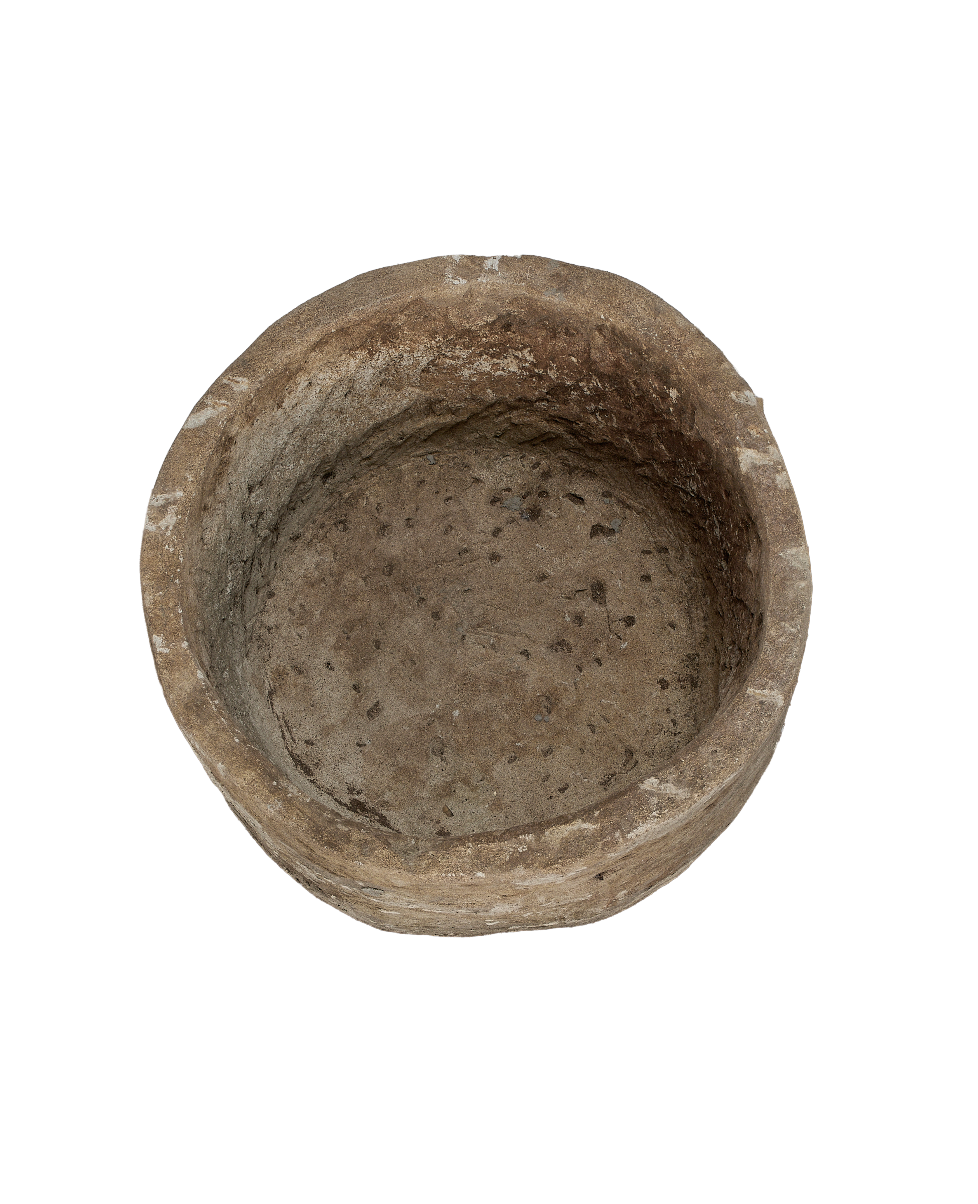 Vintage Indonesian round limestone trough, top-down view showing interior texture and condition.