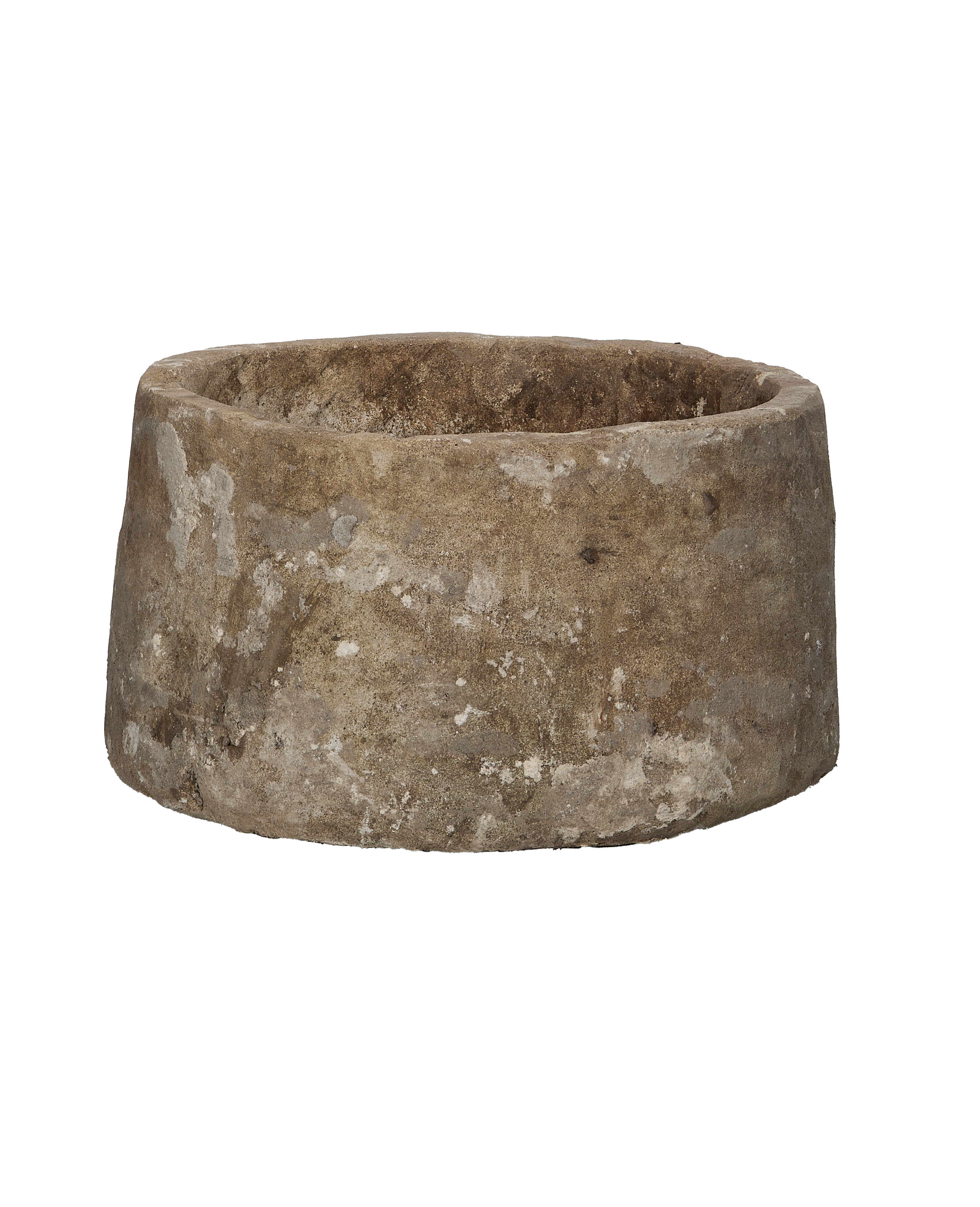 Vintage Indonesian round limestone trough, naturally weathered with varying light grey and brown hues.