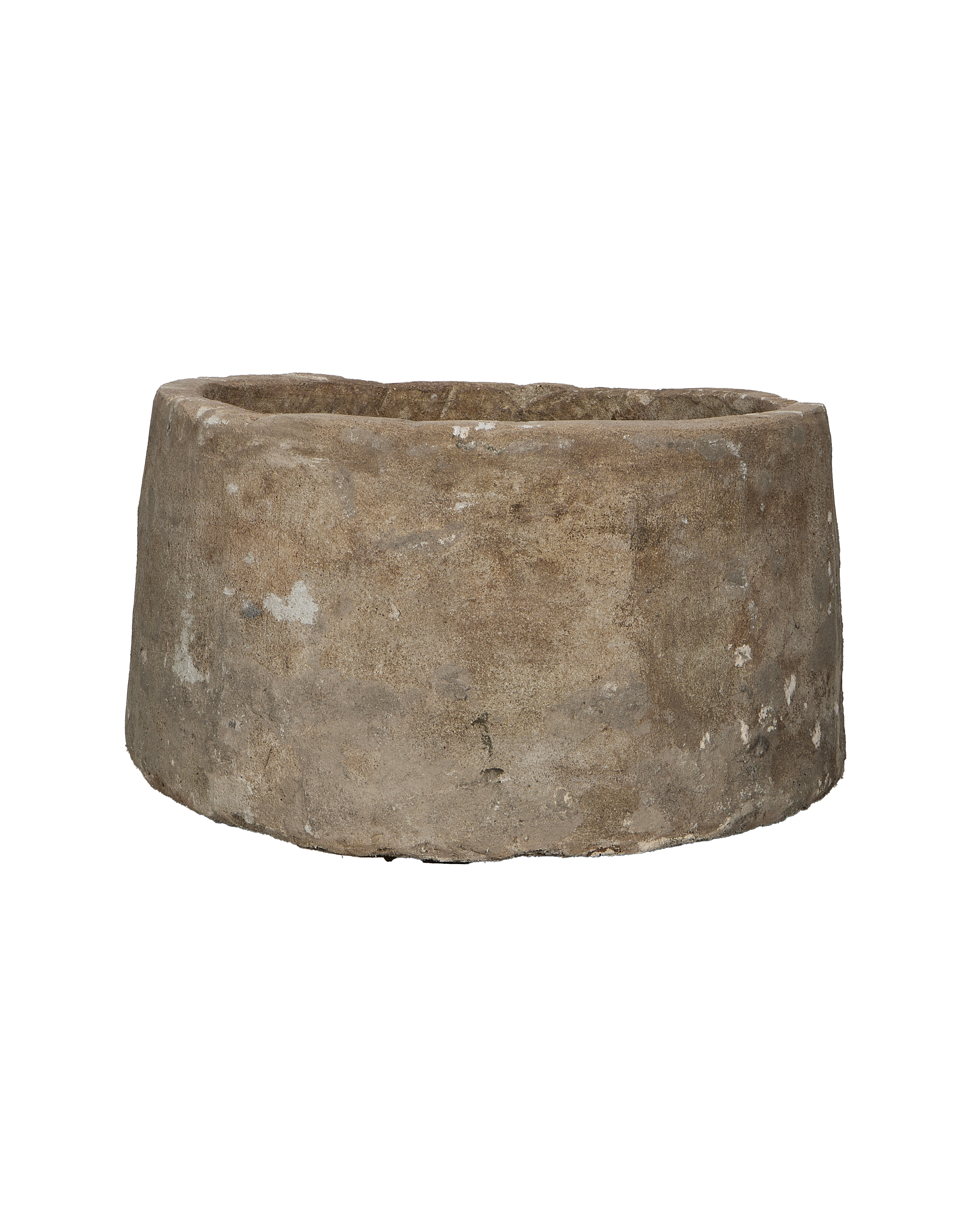 Vintage round Indonesian limestone trough, bottom-view showing weathered surface.