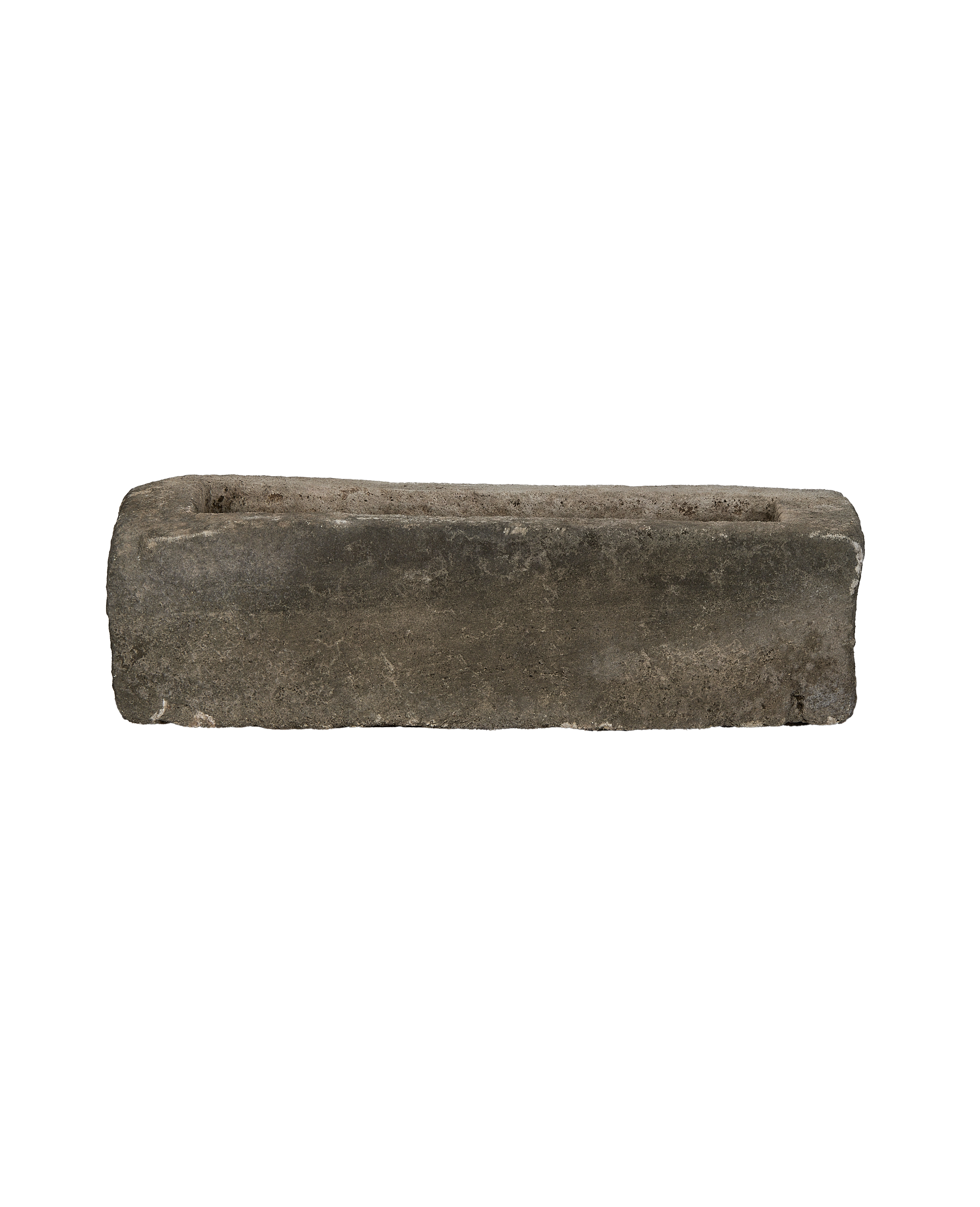 Vintage rectangular limestone trough, dark gray weathered patina, natural Indonesian garden planter.