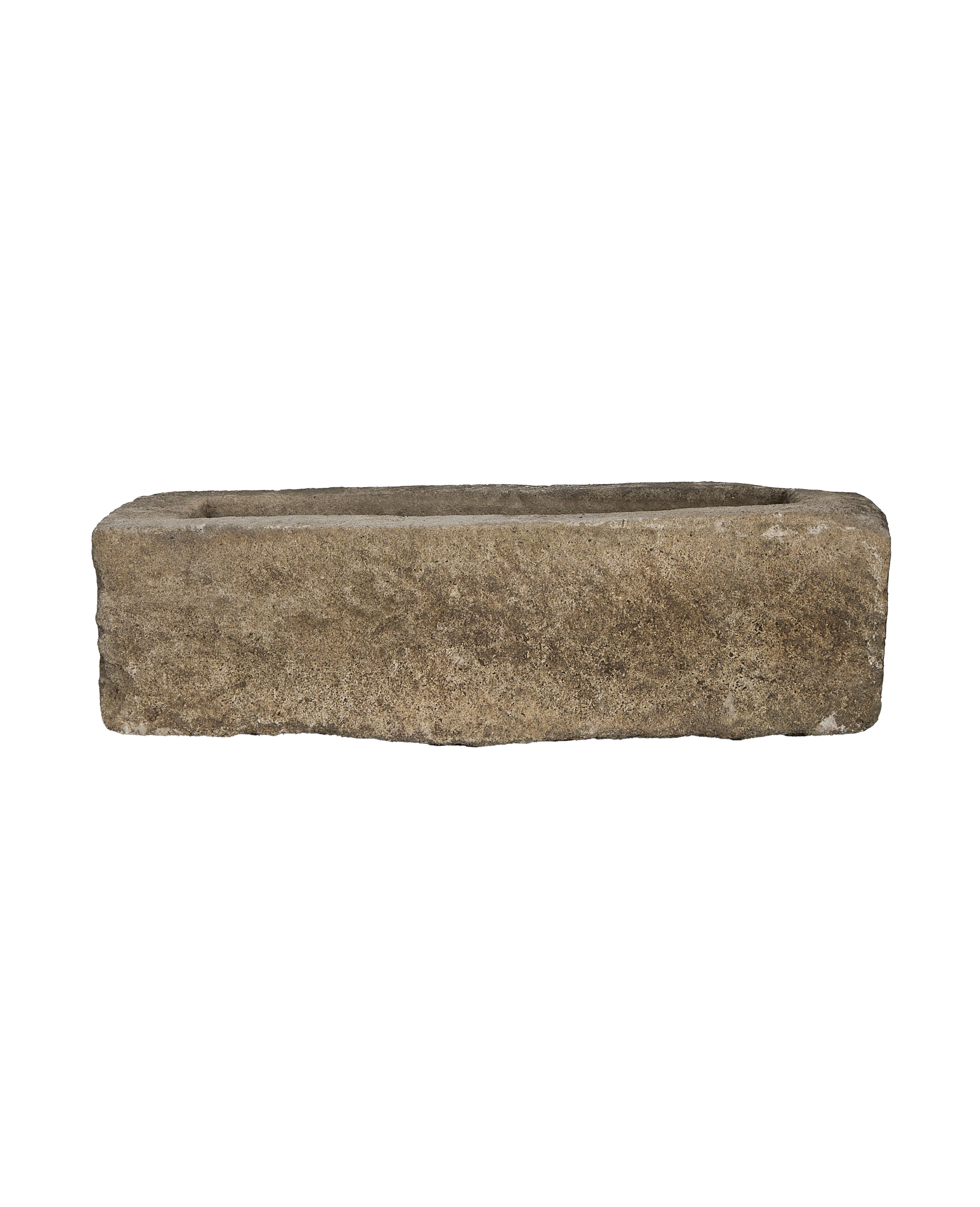 Vintage rectangular Indonesian limestone trough, top-down view showing weathered texture and natural interior.