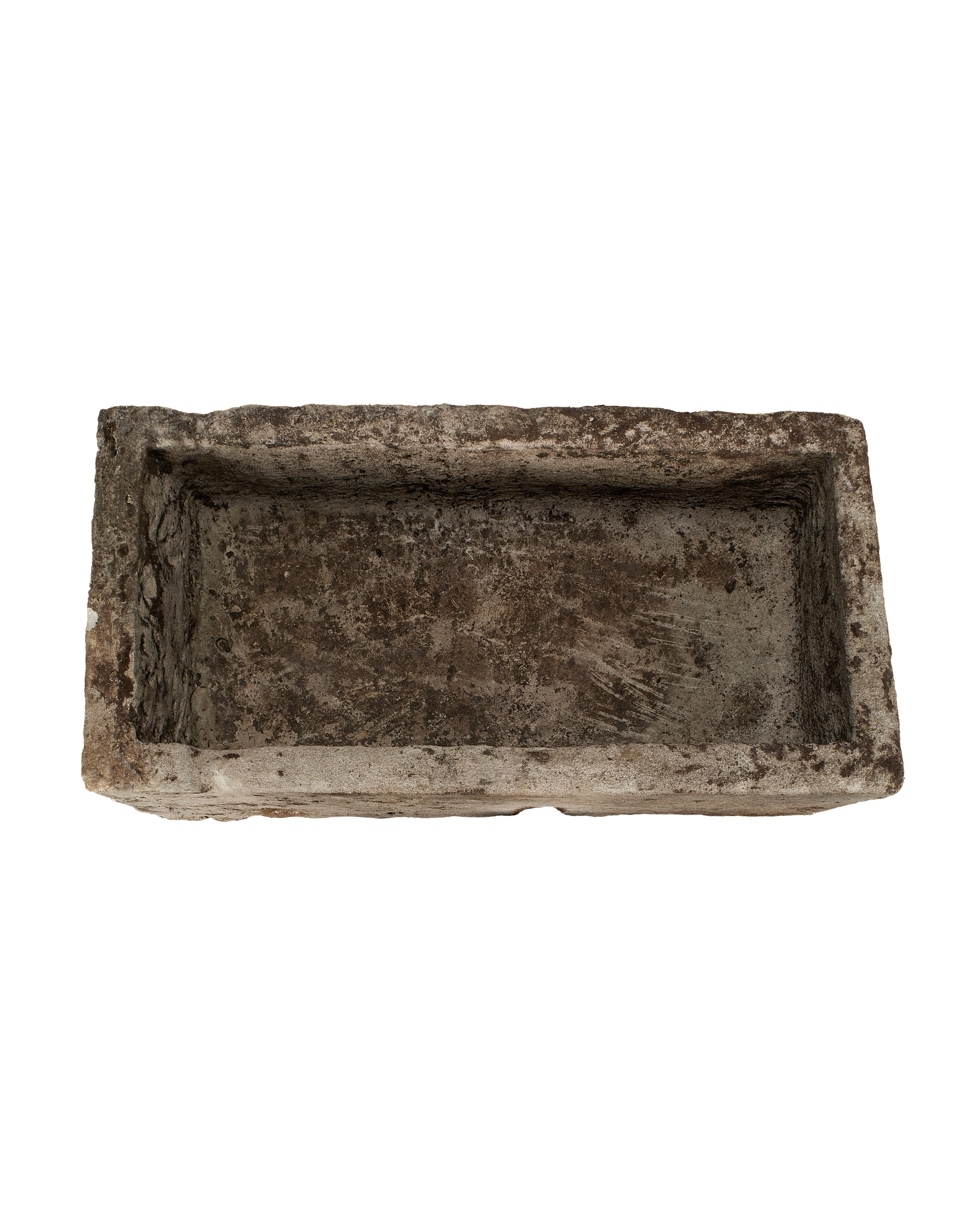 Vintage Indonesian rectangular limestone trough, top view highlights weathered surface, rough texture.