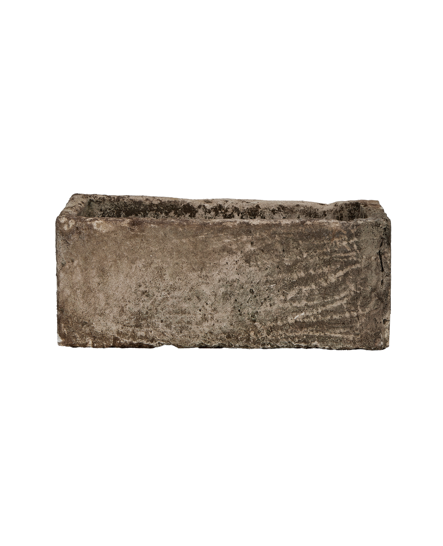 Vintage Indonesian limestone trough (OAK model), rectangle, showing weathered surface details.