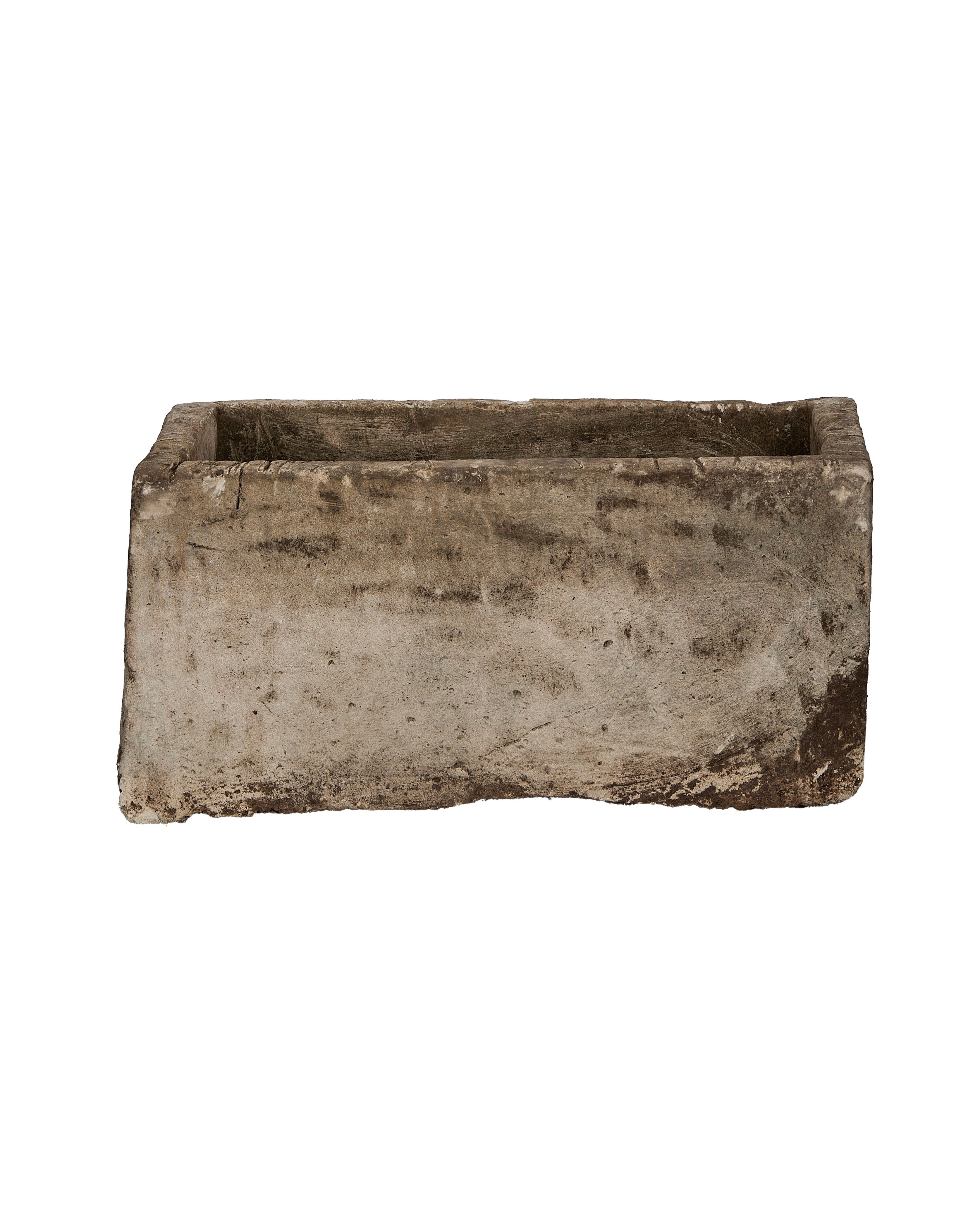 Vintage Indonesian rectangular limestone planter trough, weathered gray concrete texture, perfect condition.