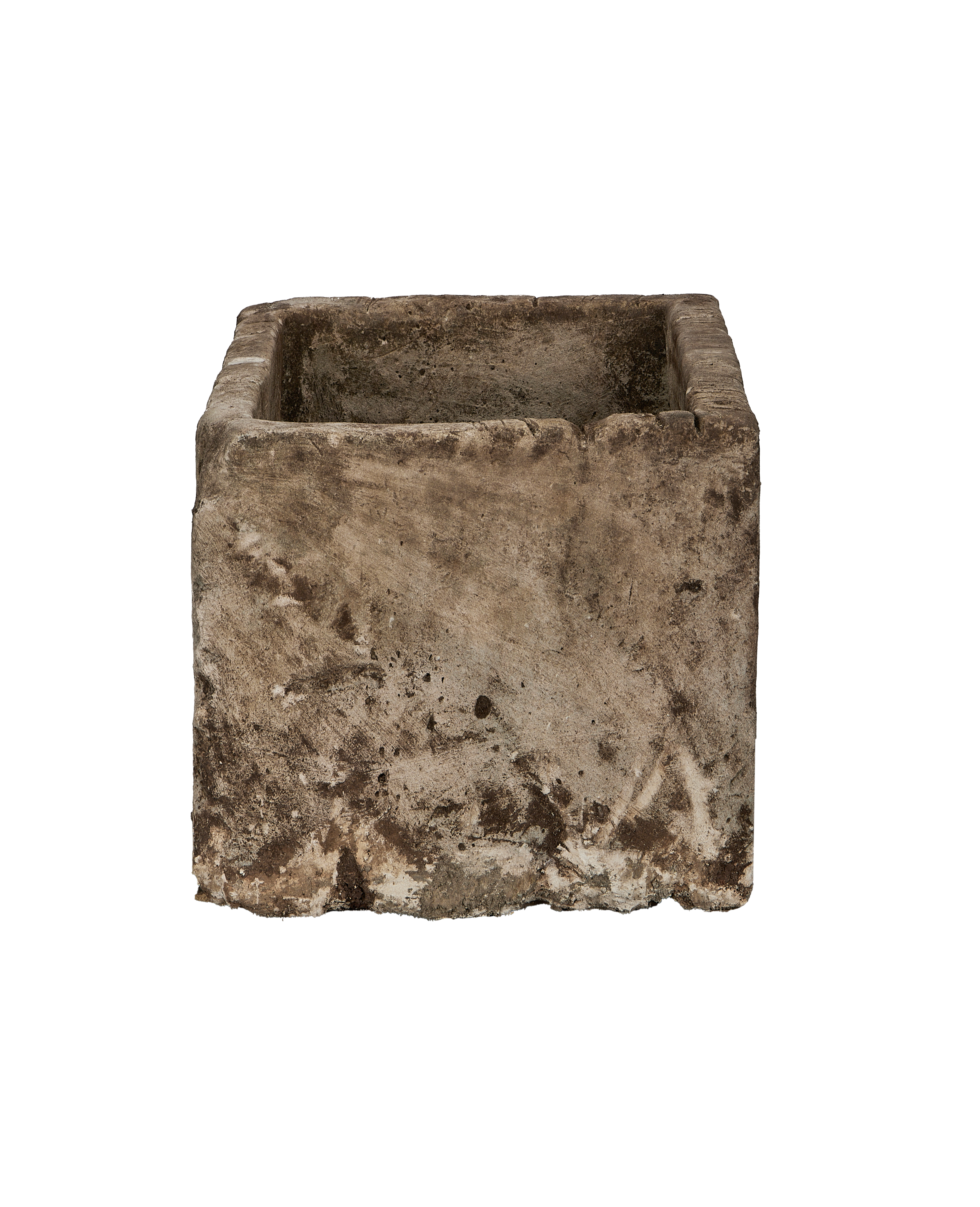 Vintage limestone trough, rectangular, heavy weathering and rough texture visible from side angle.