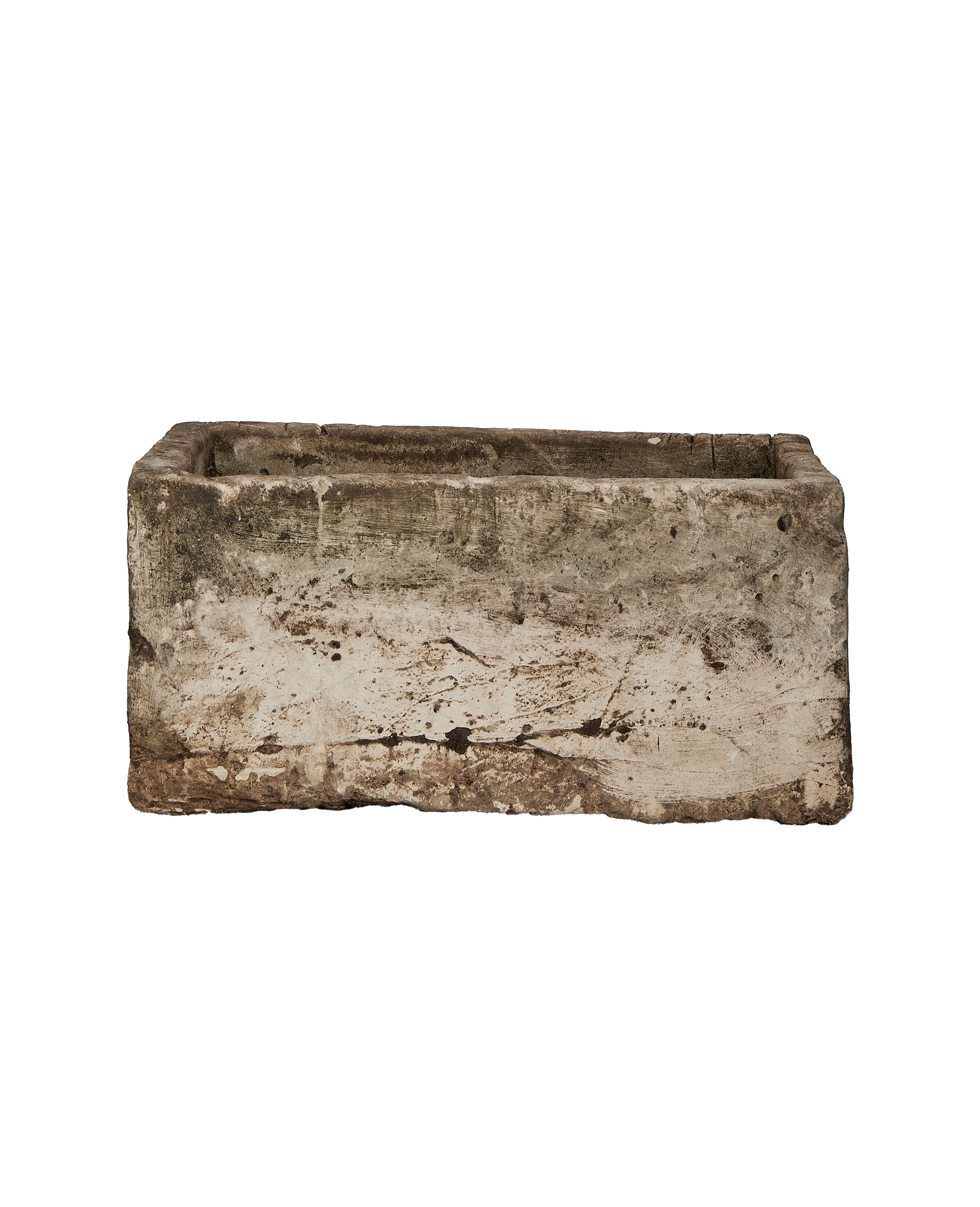 Vintage rectangular limestone trough, front view showing weathered texture and earthy patina.