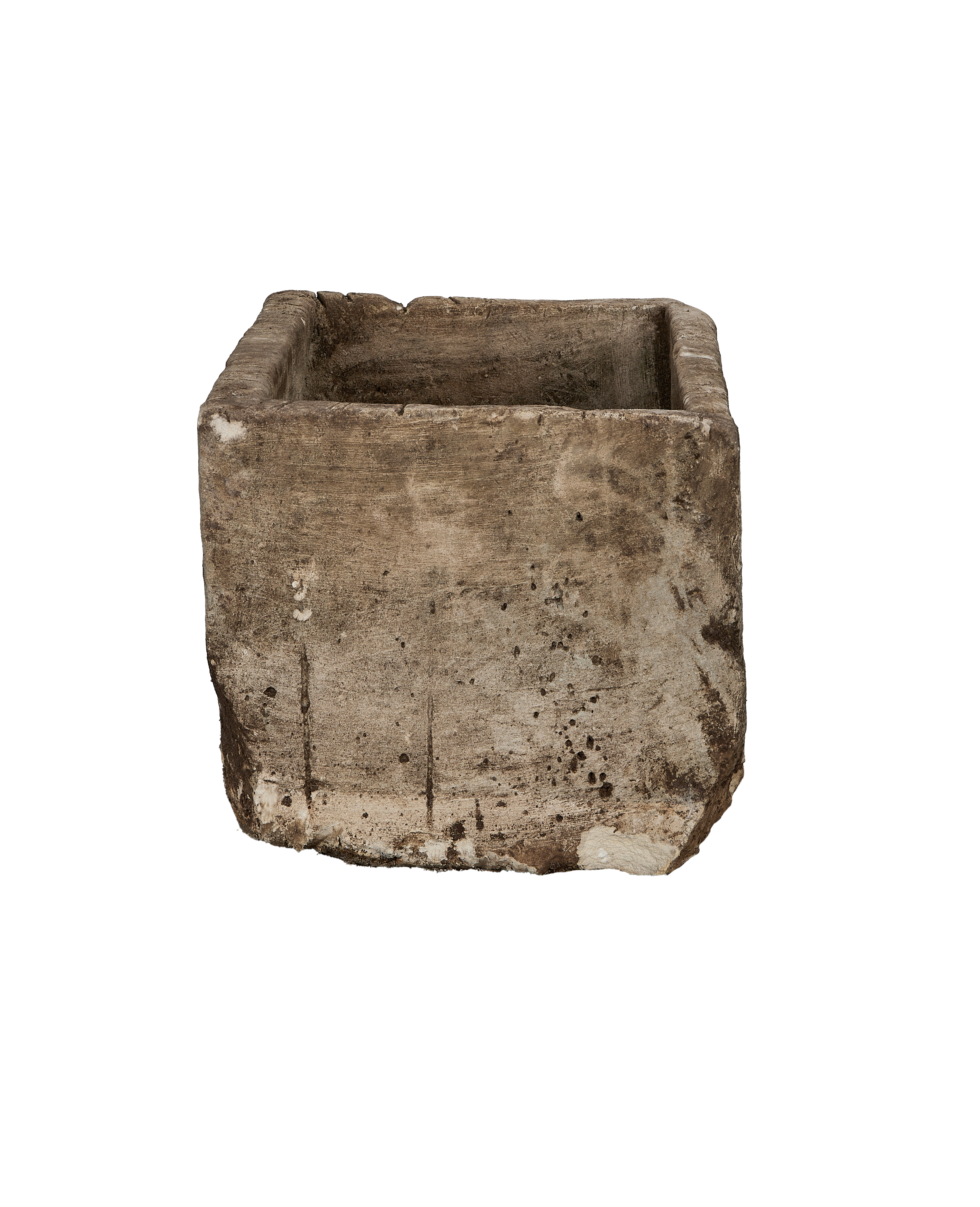 Vintage Indonesian oak limestone trough, weathered finish, shown from unique low-angle revealing textured surface.