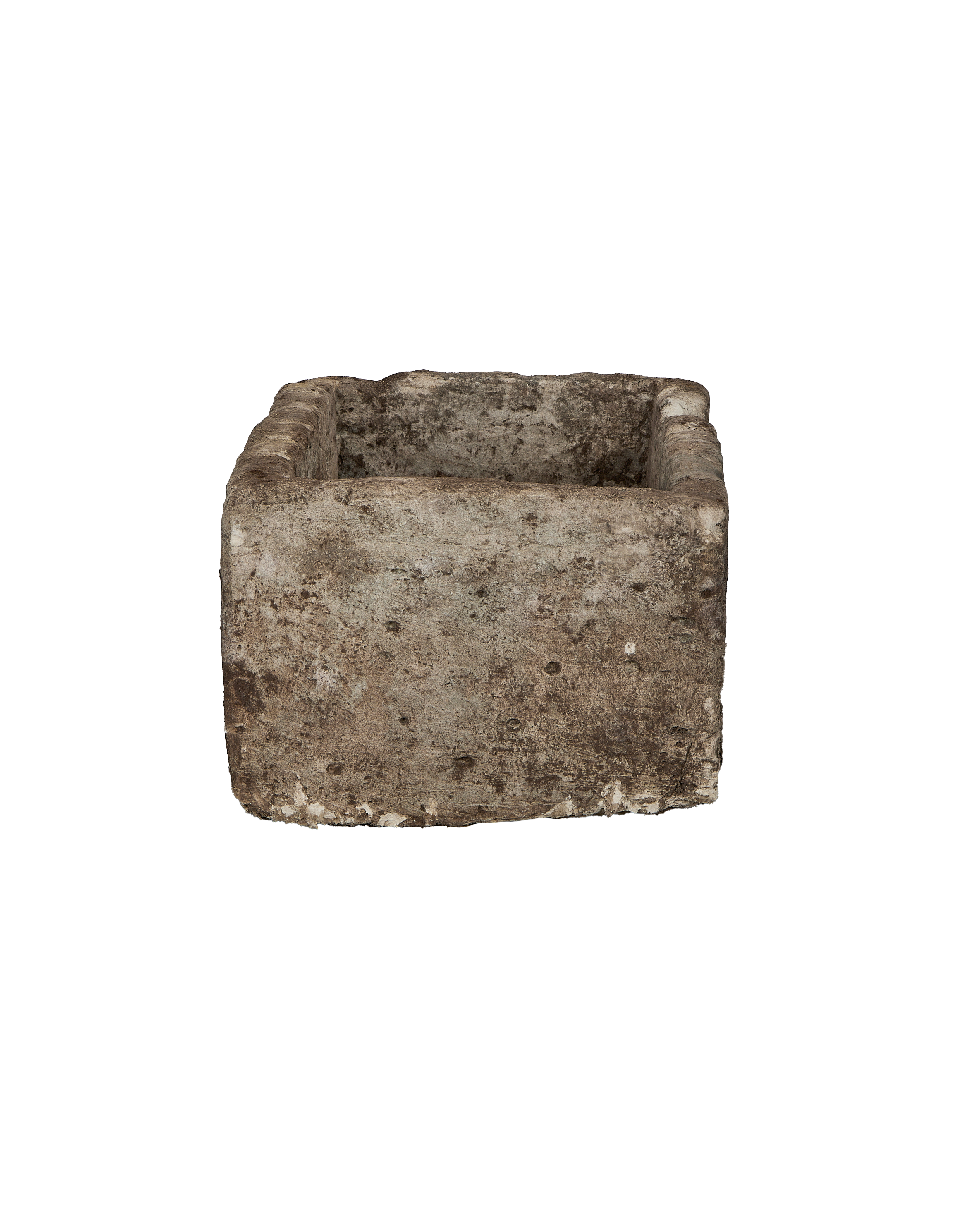 Vintage limestone trough, rectangular, OAK from Indonesia, showcasing weathered mottled surface texture and rough edges.