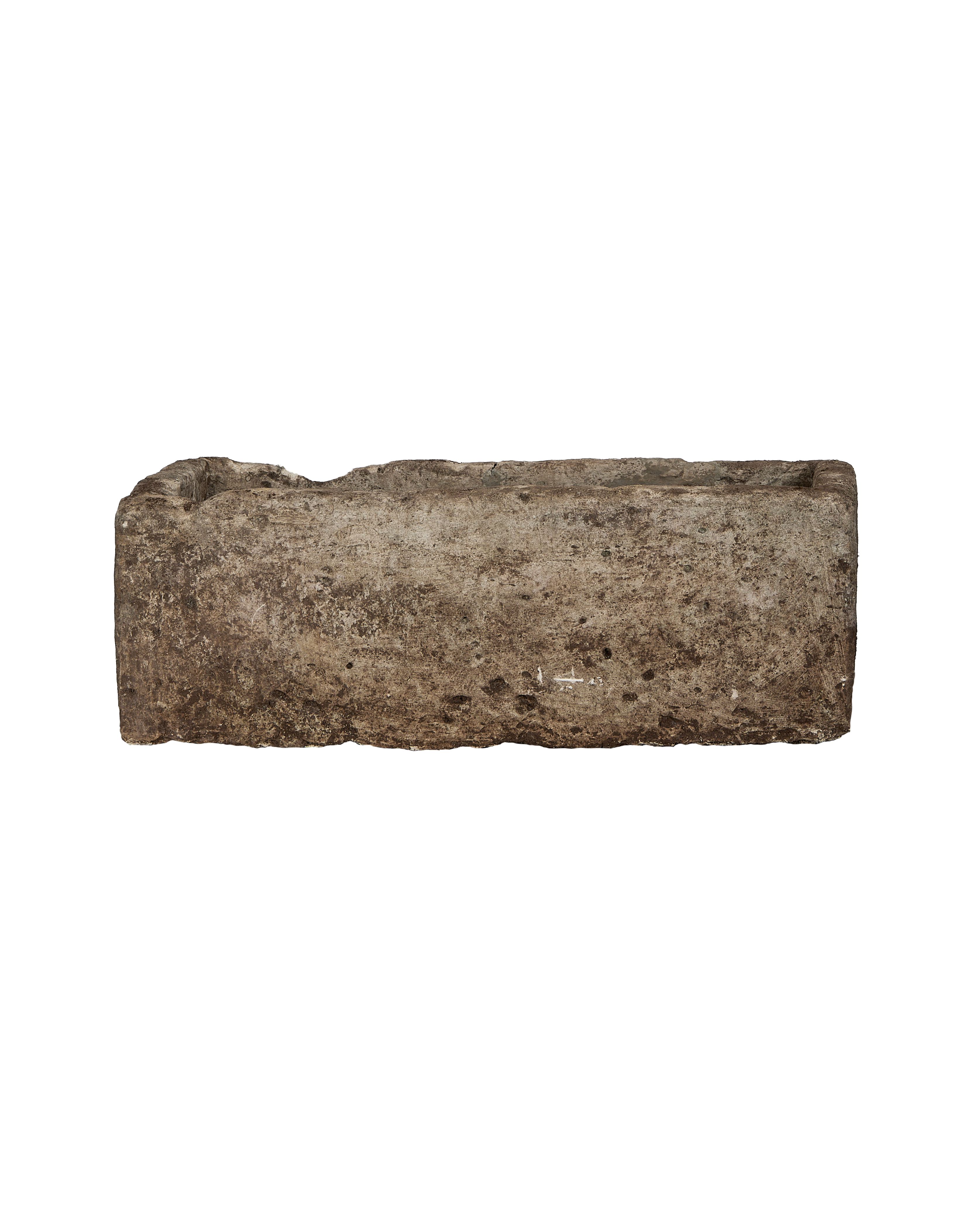 Rectangular vintage Indonesian limestone trough, OAK finish, displaying an aged, textured side profile.
