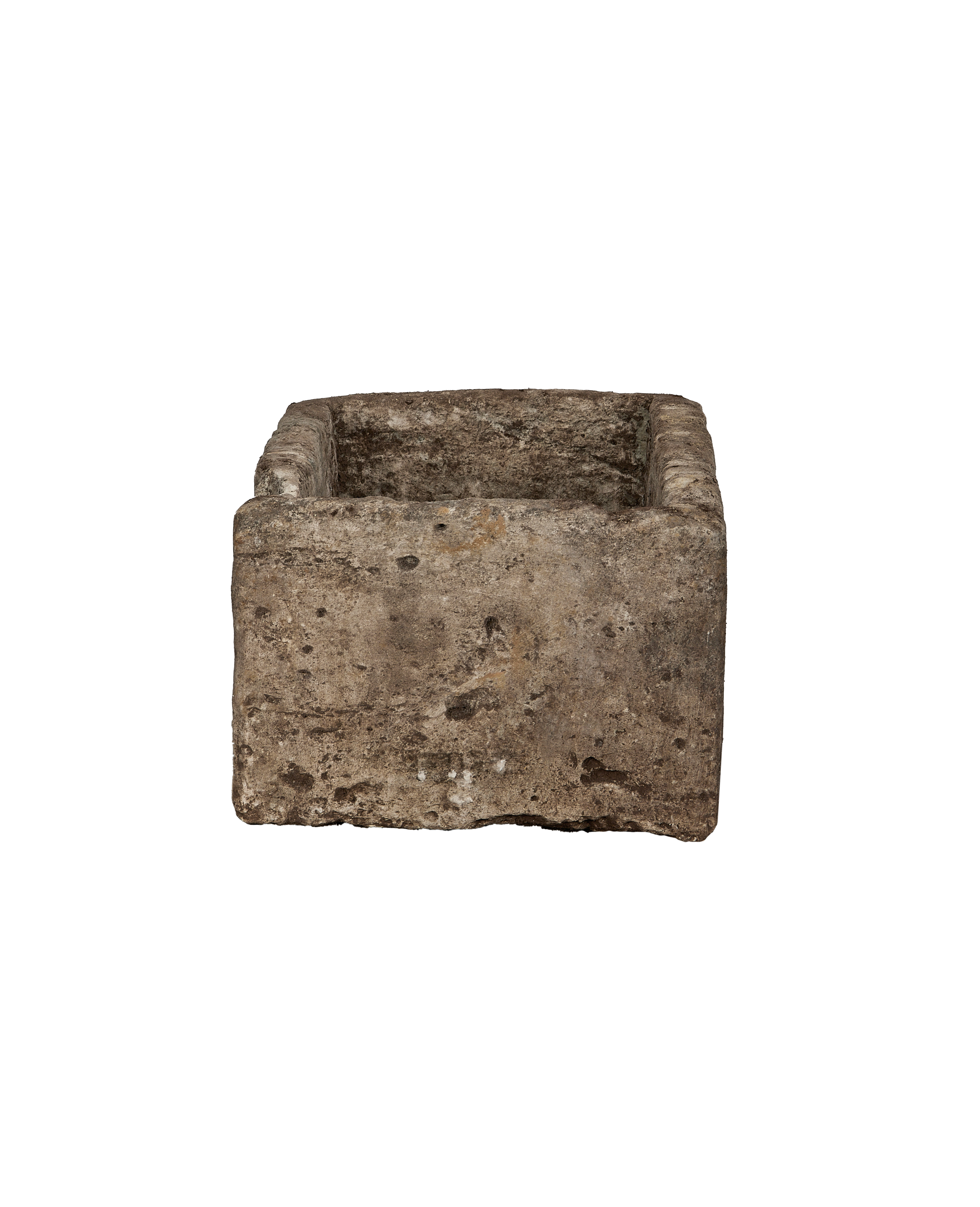 Vintage Indonesian rectangular limestone trough, front-facing view highlighting weathered surface texture and interior.