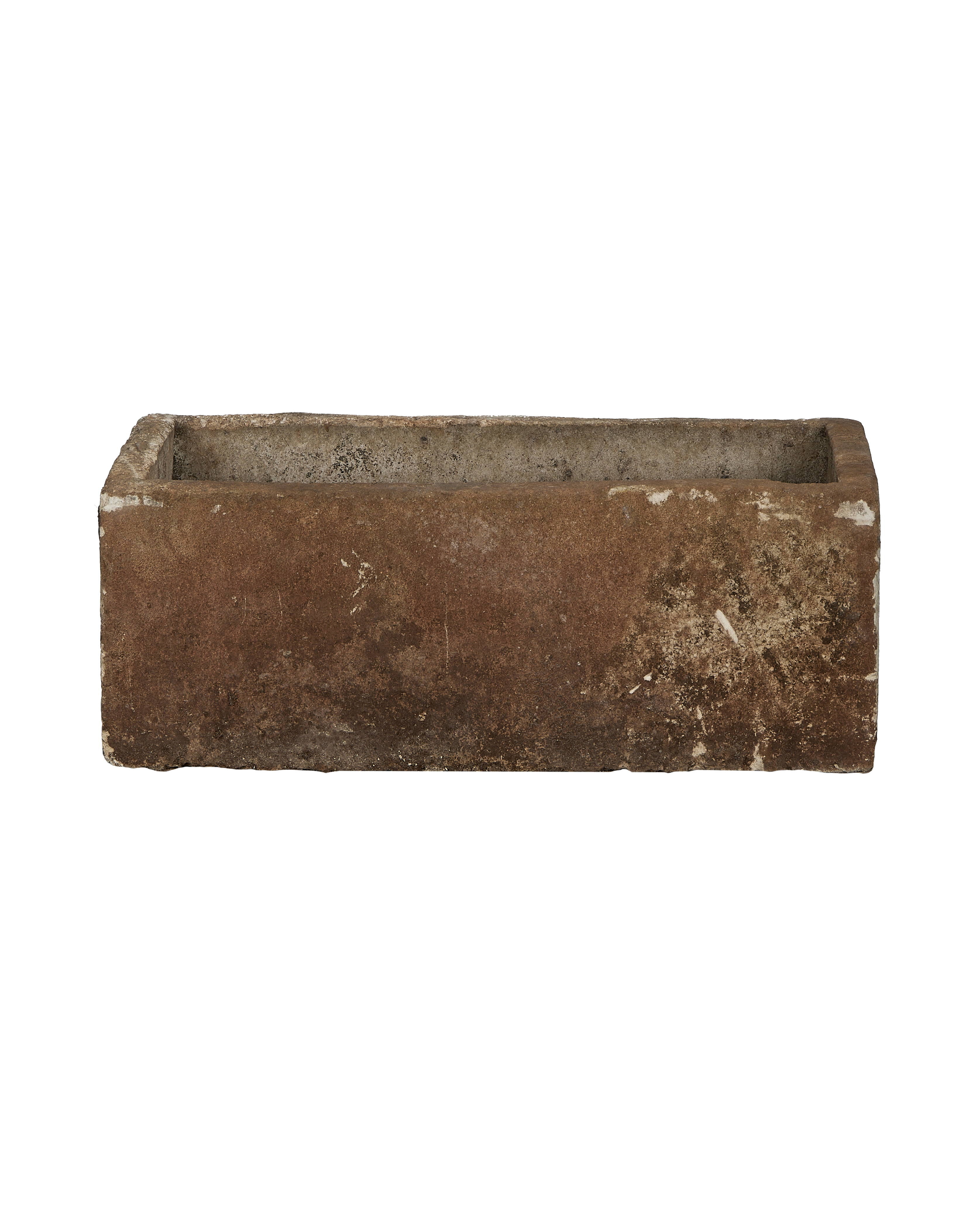 Vintage Indonesian limestone trough, rectangular, OAK, with naturally weathered texture and brown-red hues.
