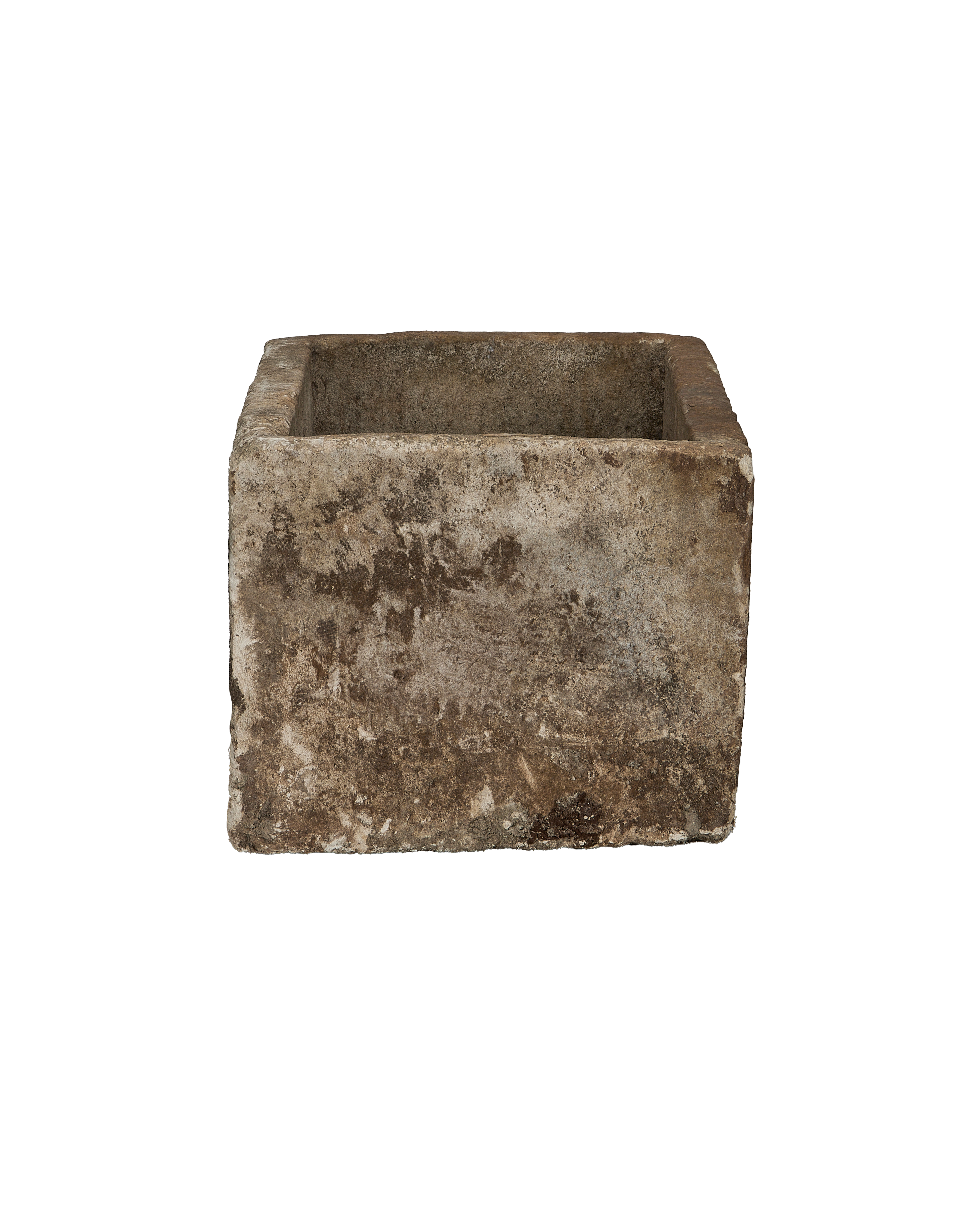 Vintage Indonesian limestone trough, rectangular shape, showcasing distressed gray-brown texture from a lower angle.