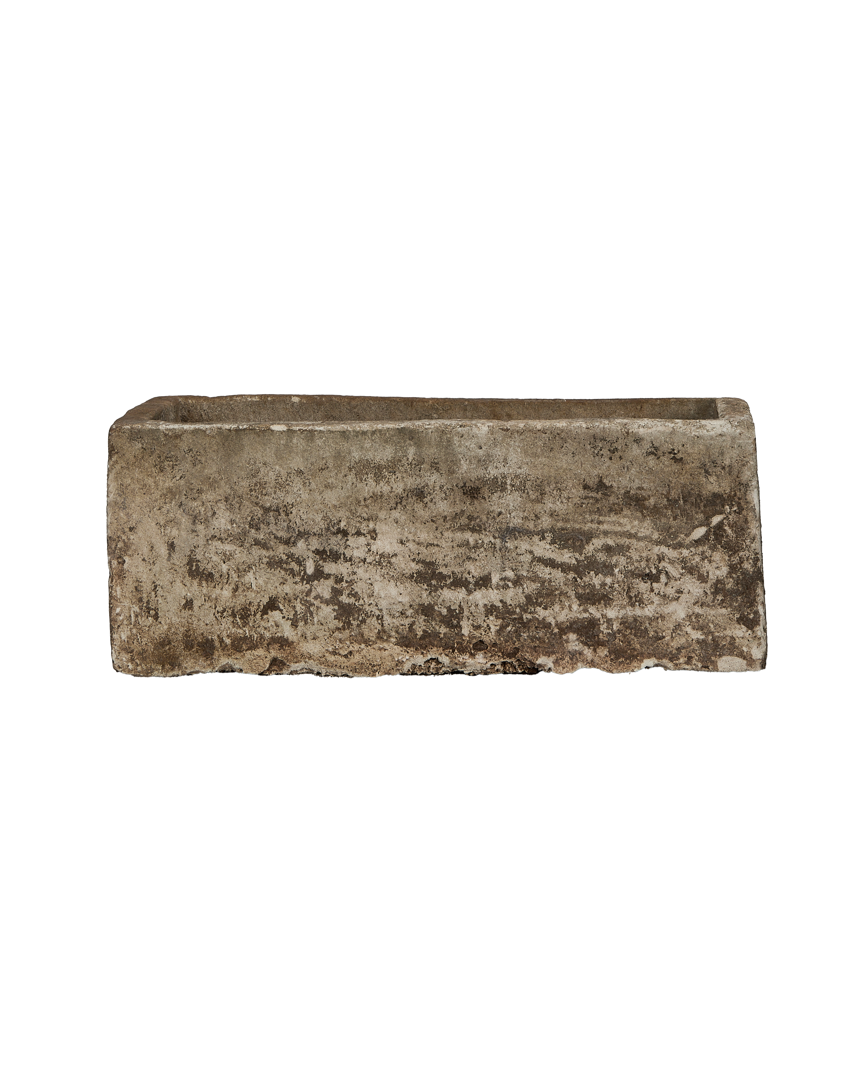 Vintage Indonesian rectangular limestone trough, side profile, rough weathered texture details.