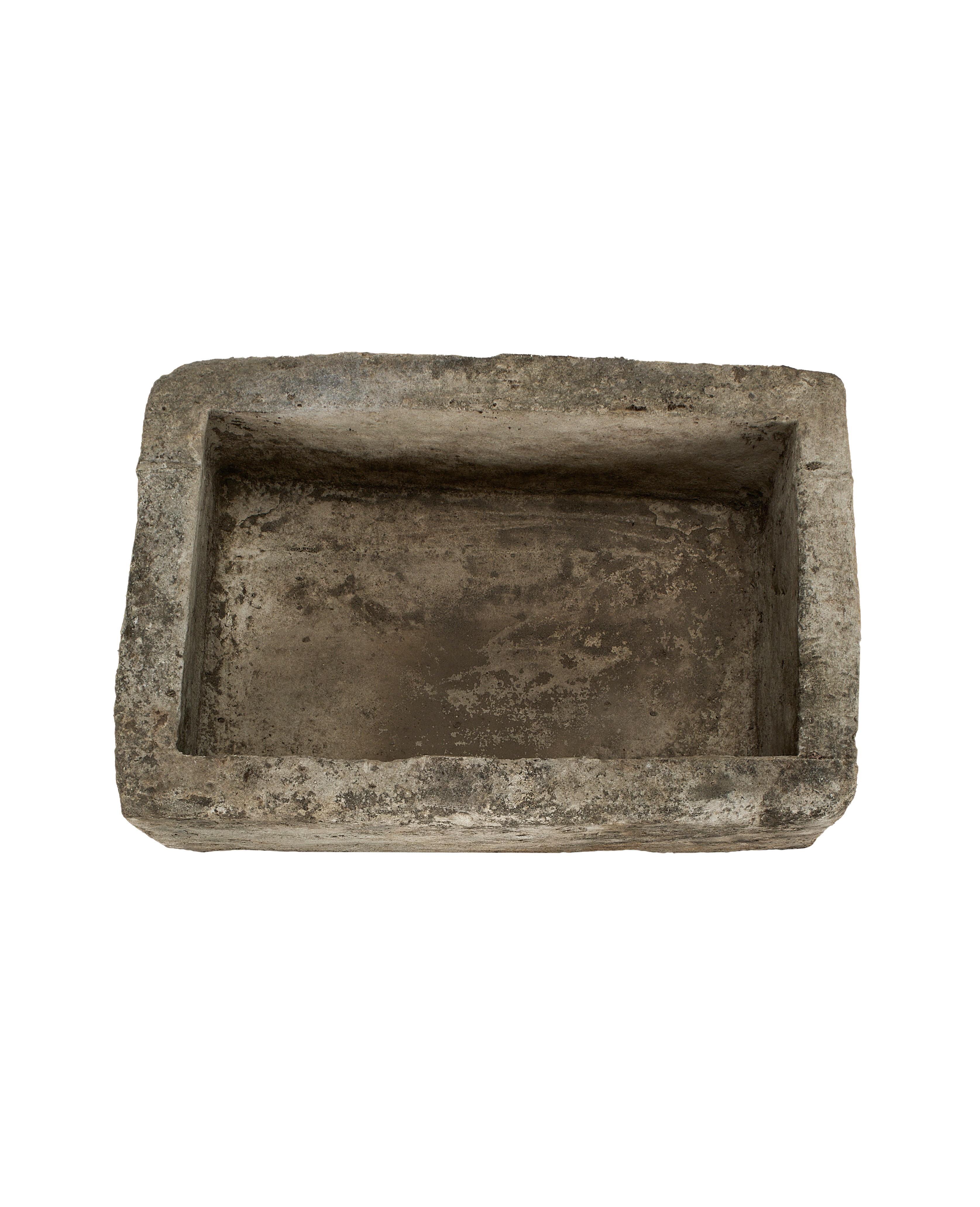Vintage Indonesian limestone trough, top view showing rectangular interior and weathered texture.
