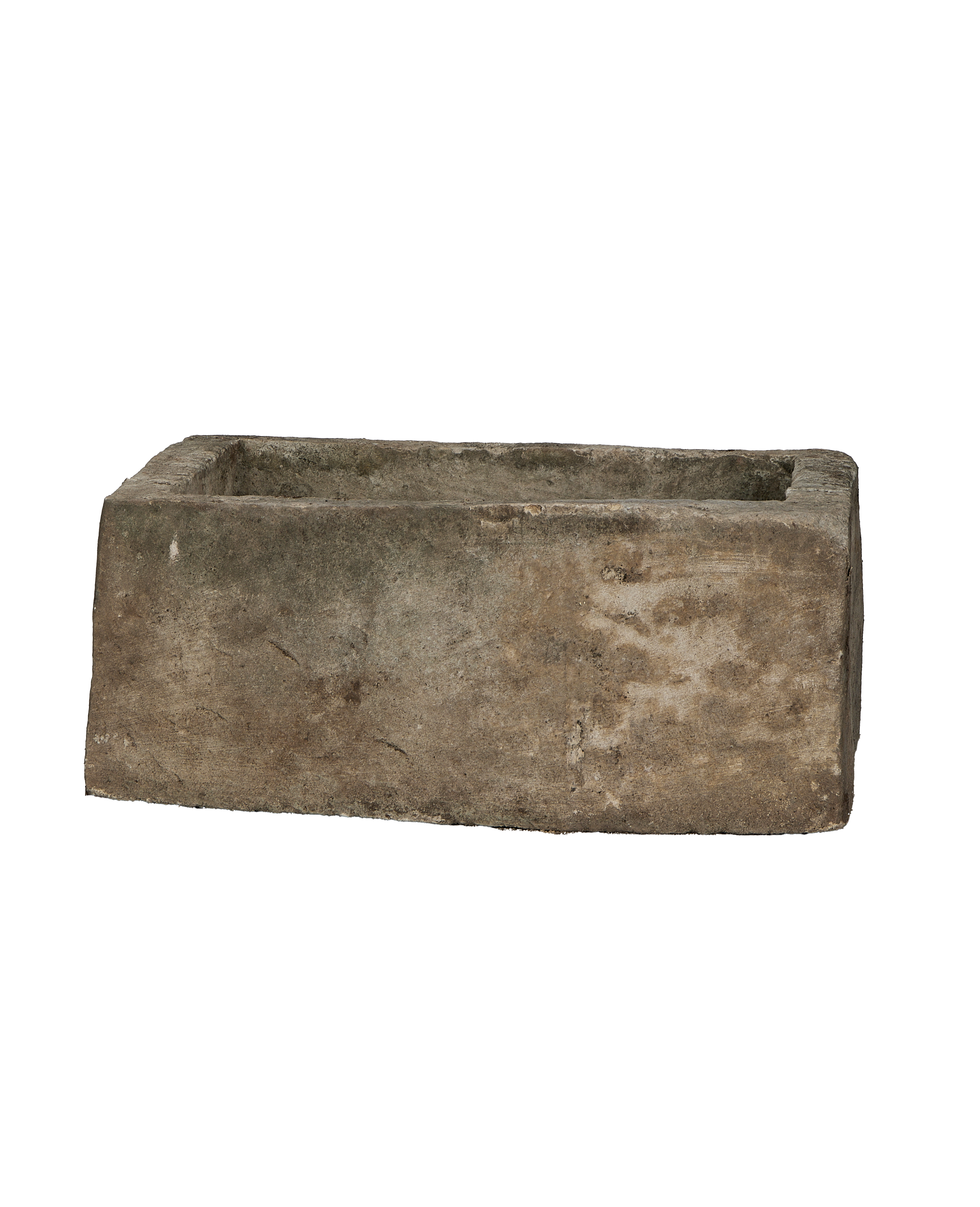 Vintage Indonesian limestone rectangular trough, showing exterior texture and subtle imperfections on its long side.