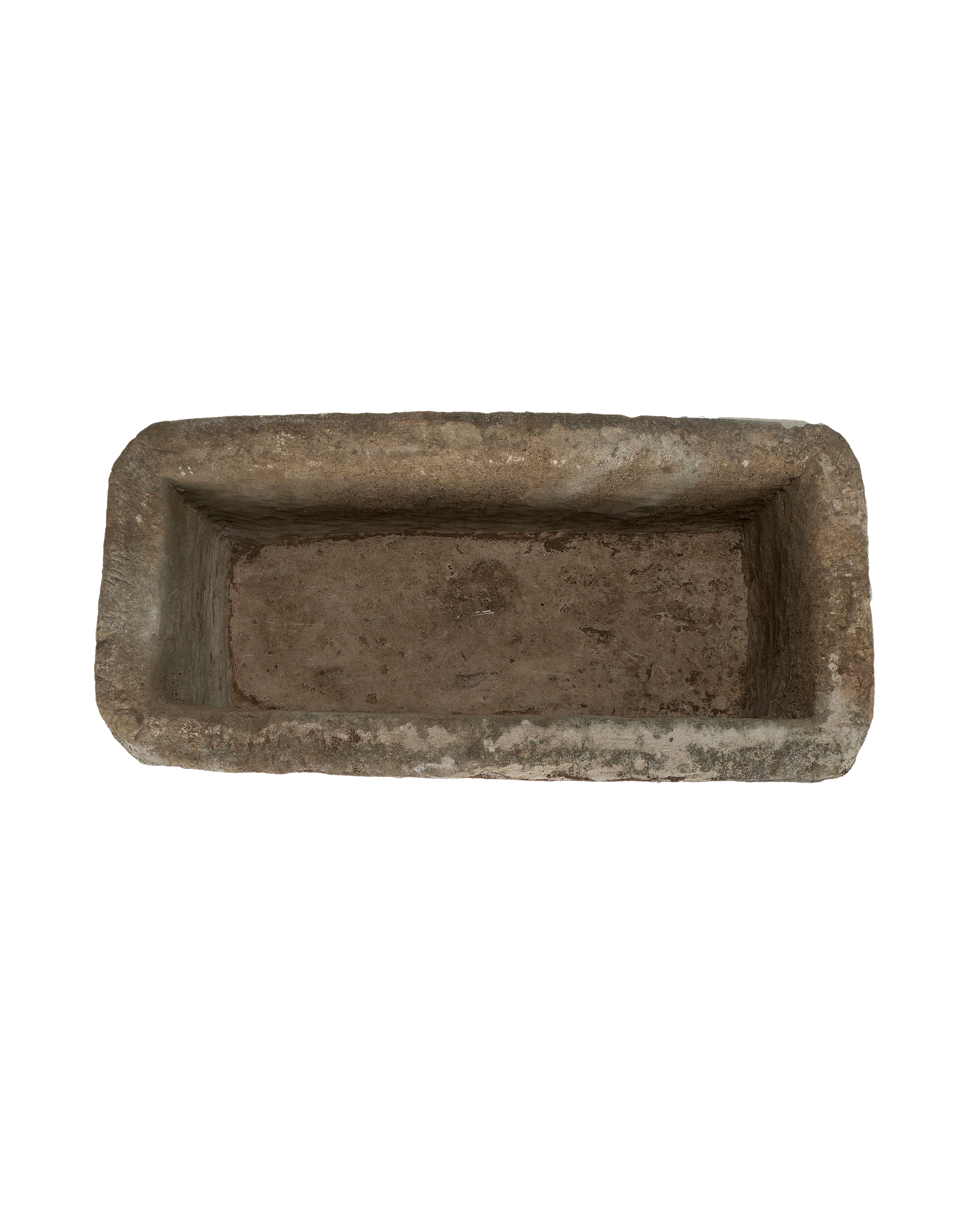 Vintage rectangular limestone trough, overhead view highlighting weathered interior and natural stone texture.