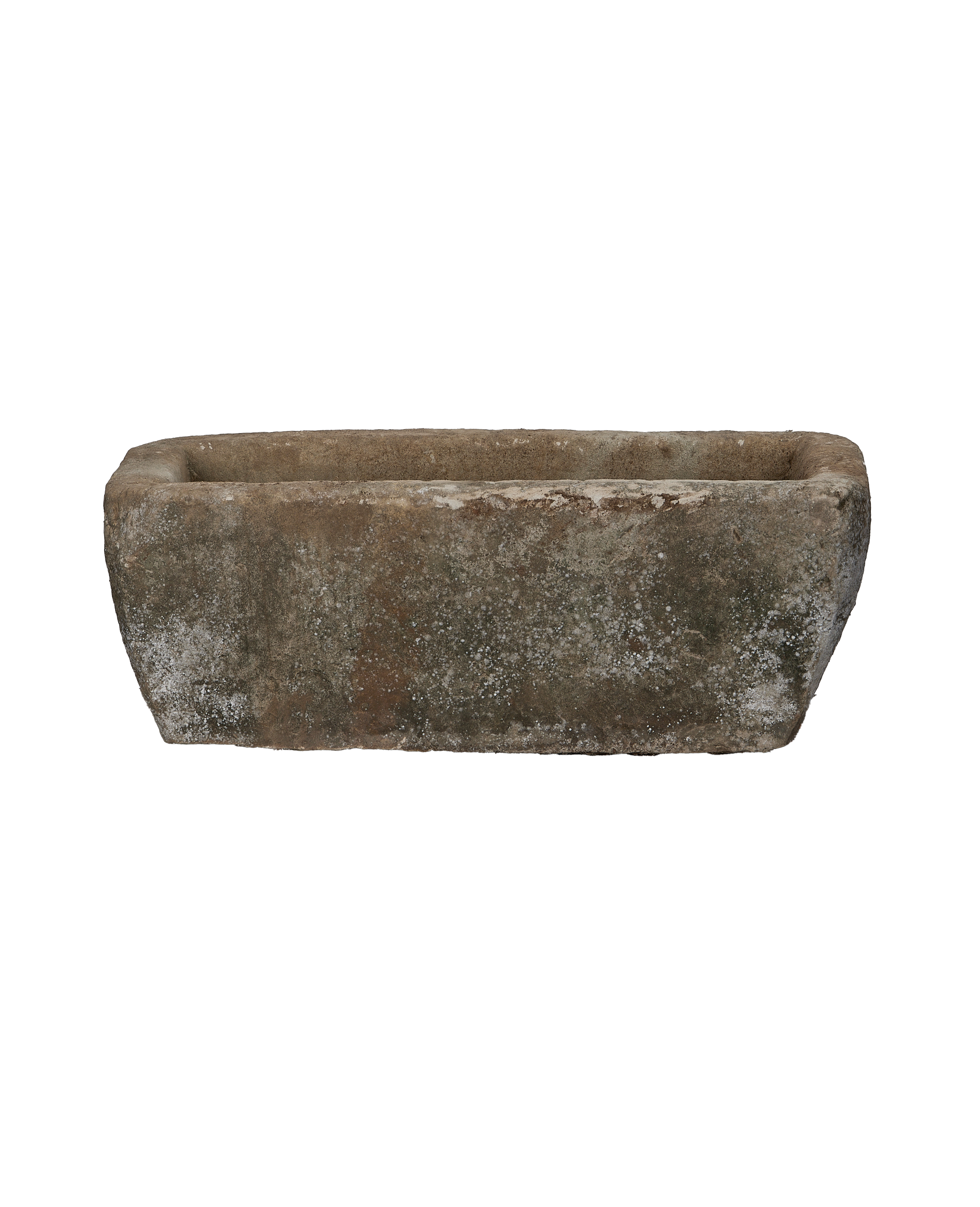 Vintage rectangular limestone trough from Indonesia with distressed, weathered texture, front view.