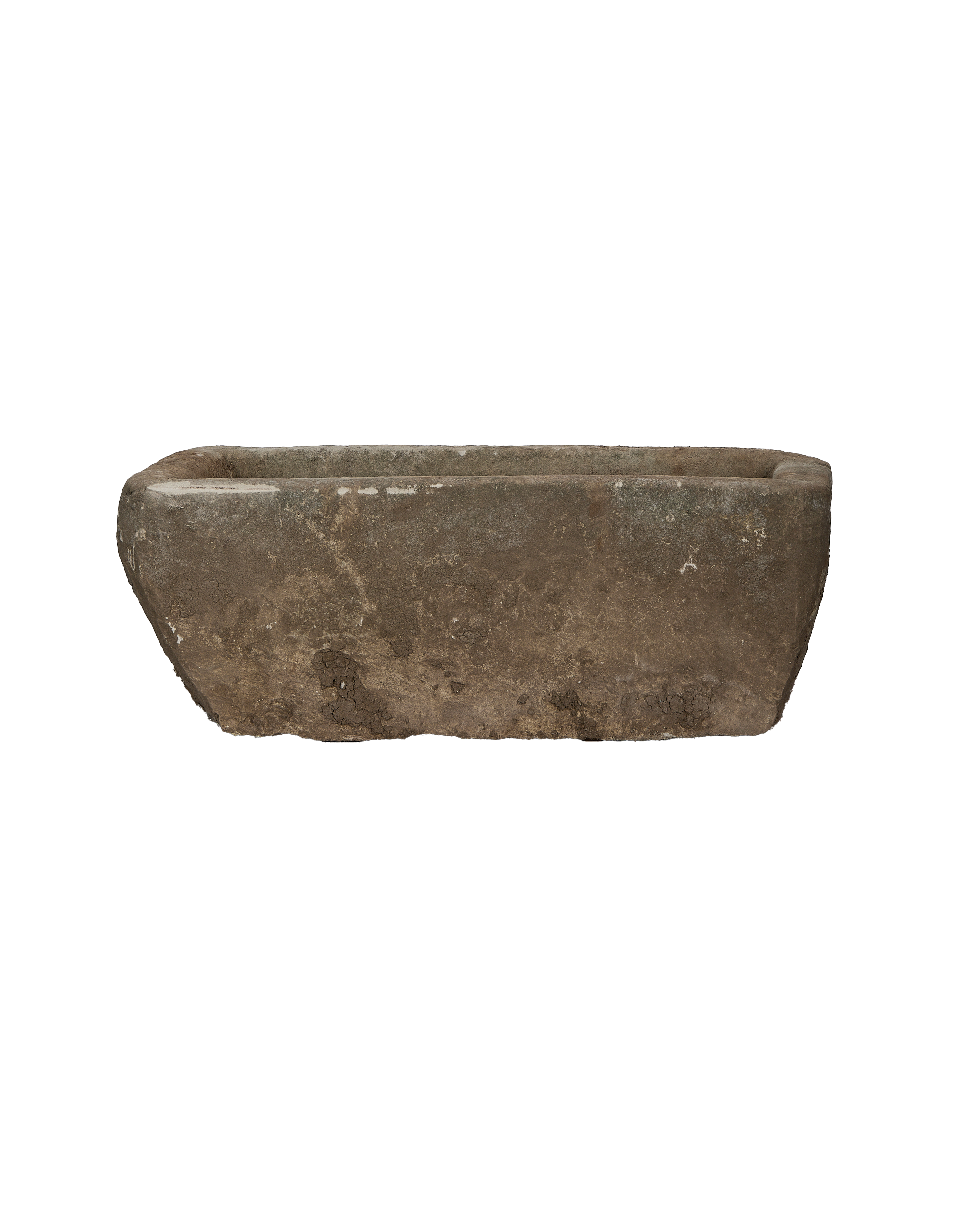 Vintage Indonesian limestone trough, rectangular, showcasing worn texture and aged patina, from a side angle.
