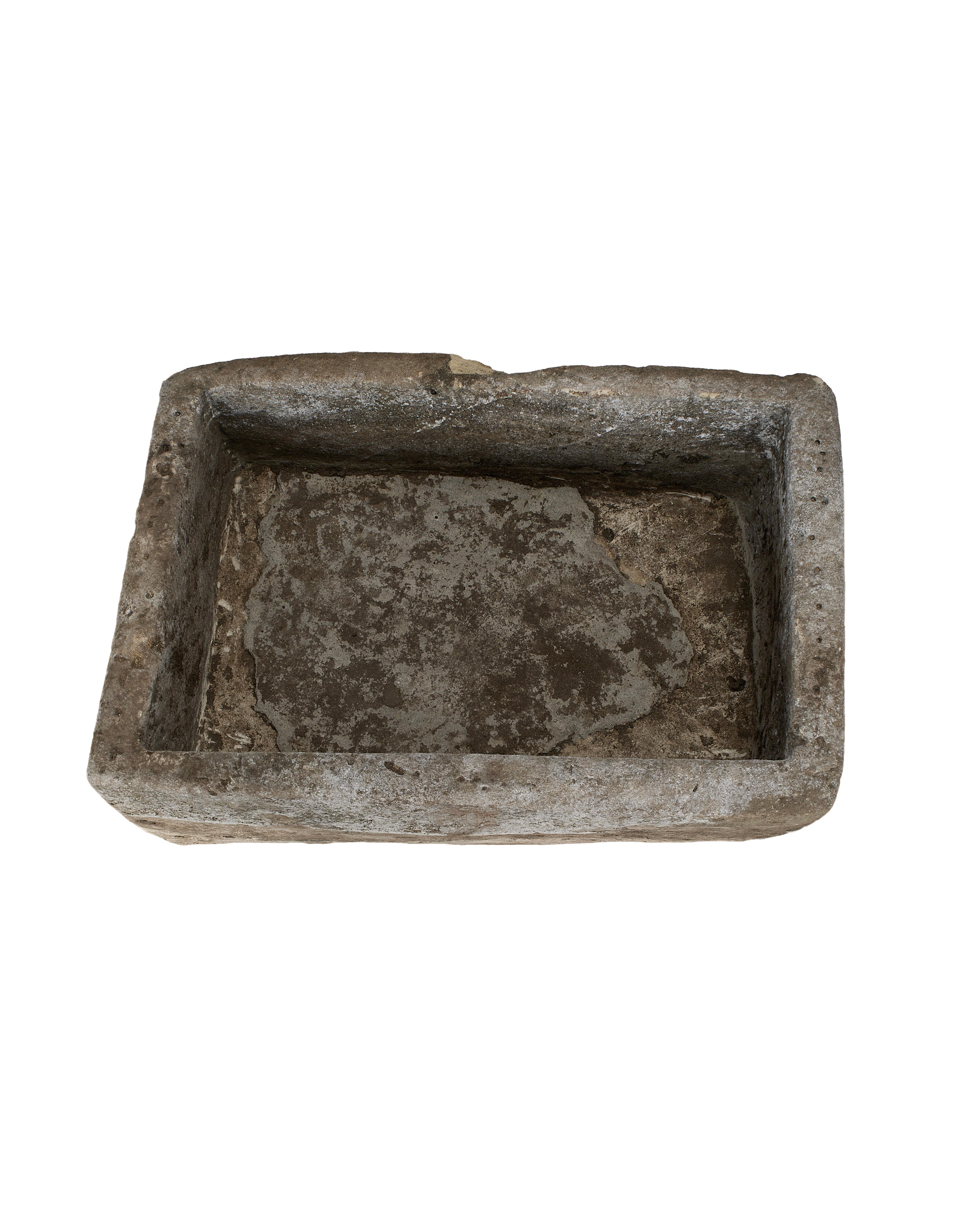 Vintage Indonesian limestone trough bird's-eye view, showcasing rough texture and weathered interior.