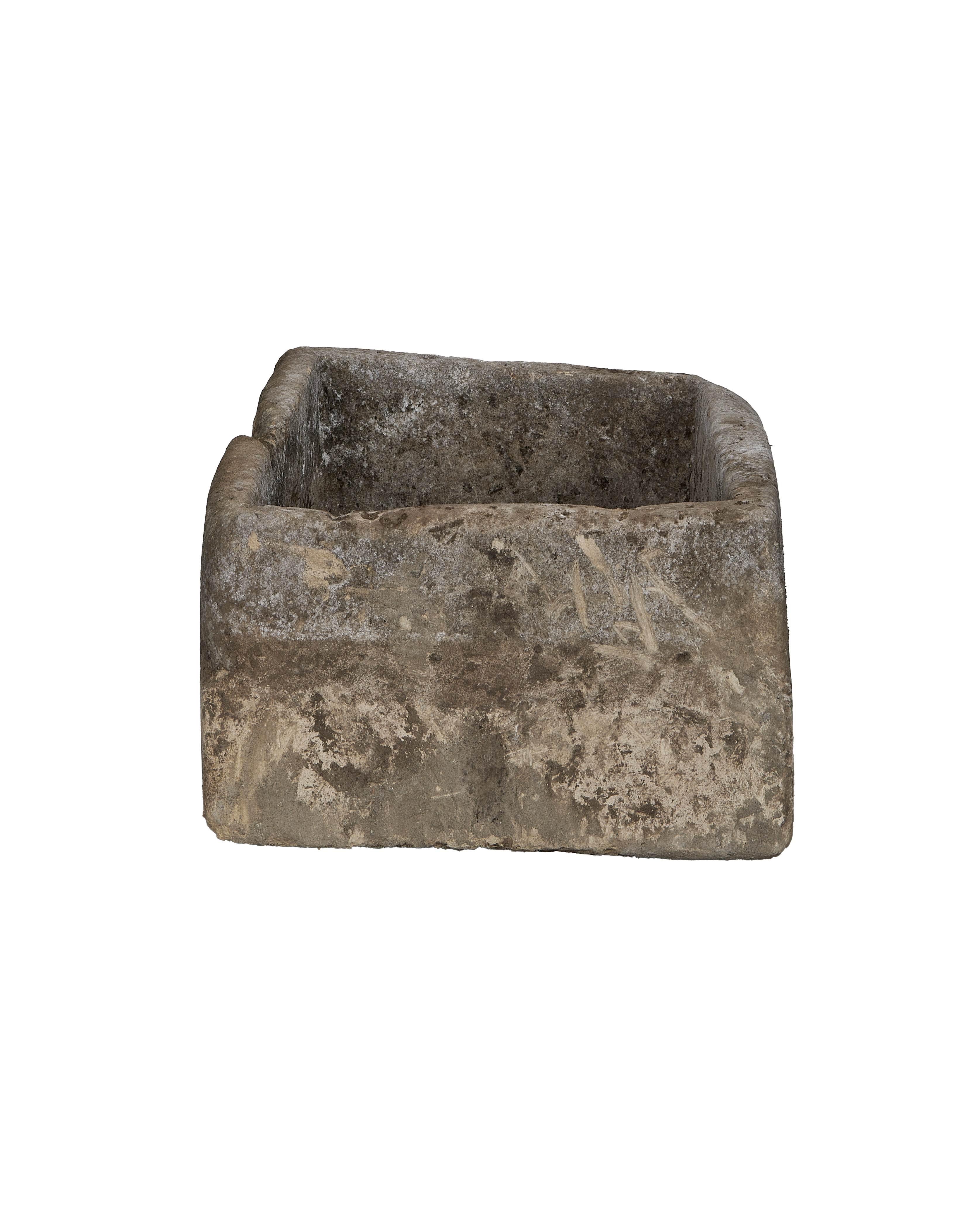 Vintage Indonesian limestone trough, rectangular, OAK, with weathered details and textured surface.