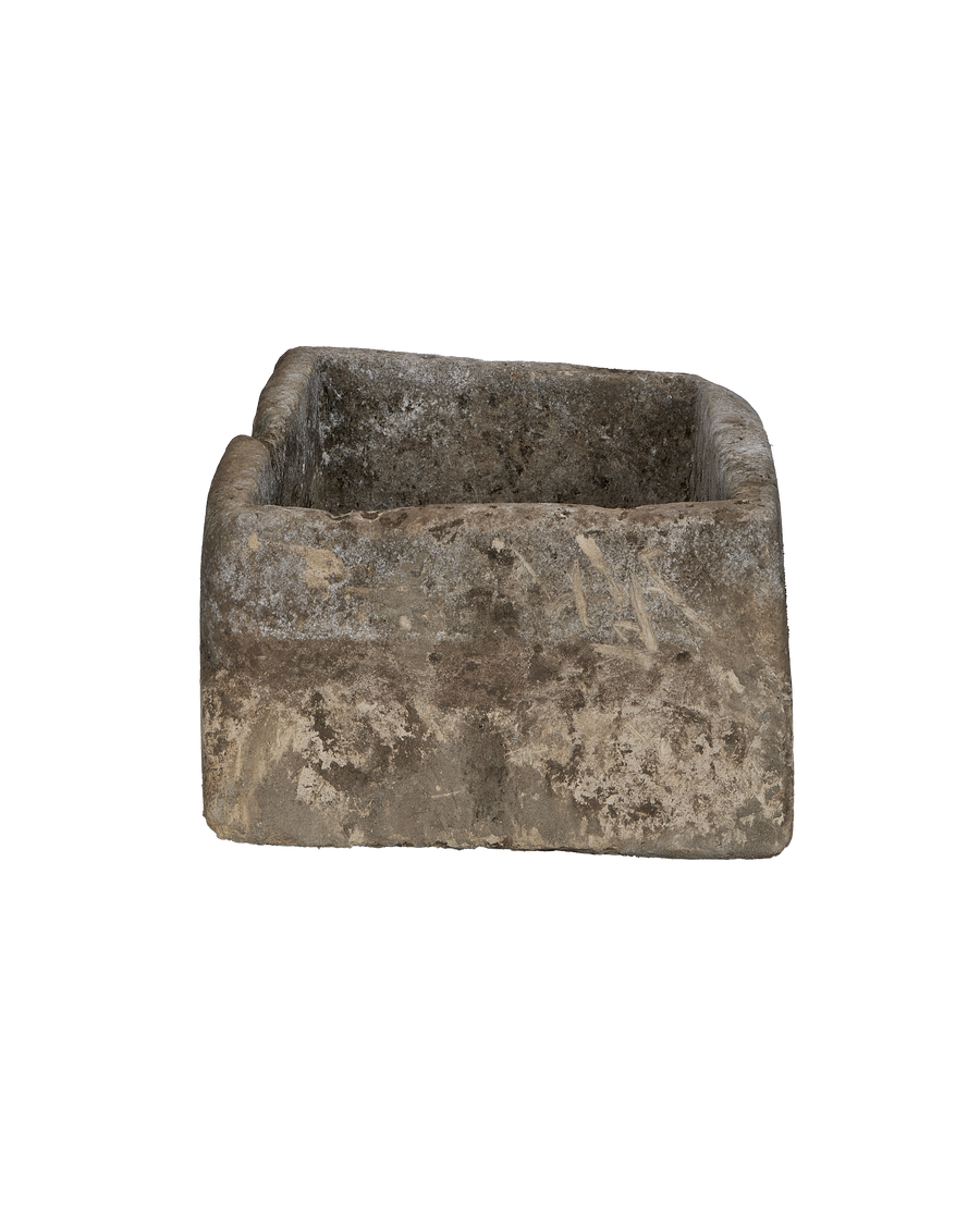Vintage Indonesian limestone trough, rectangular, OAK, with weathered details and textured surface.