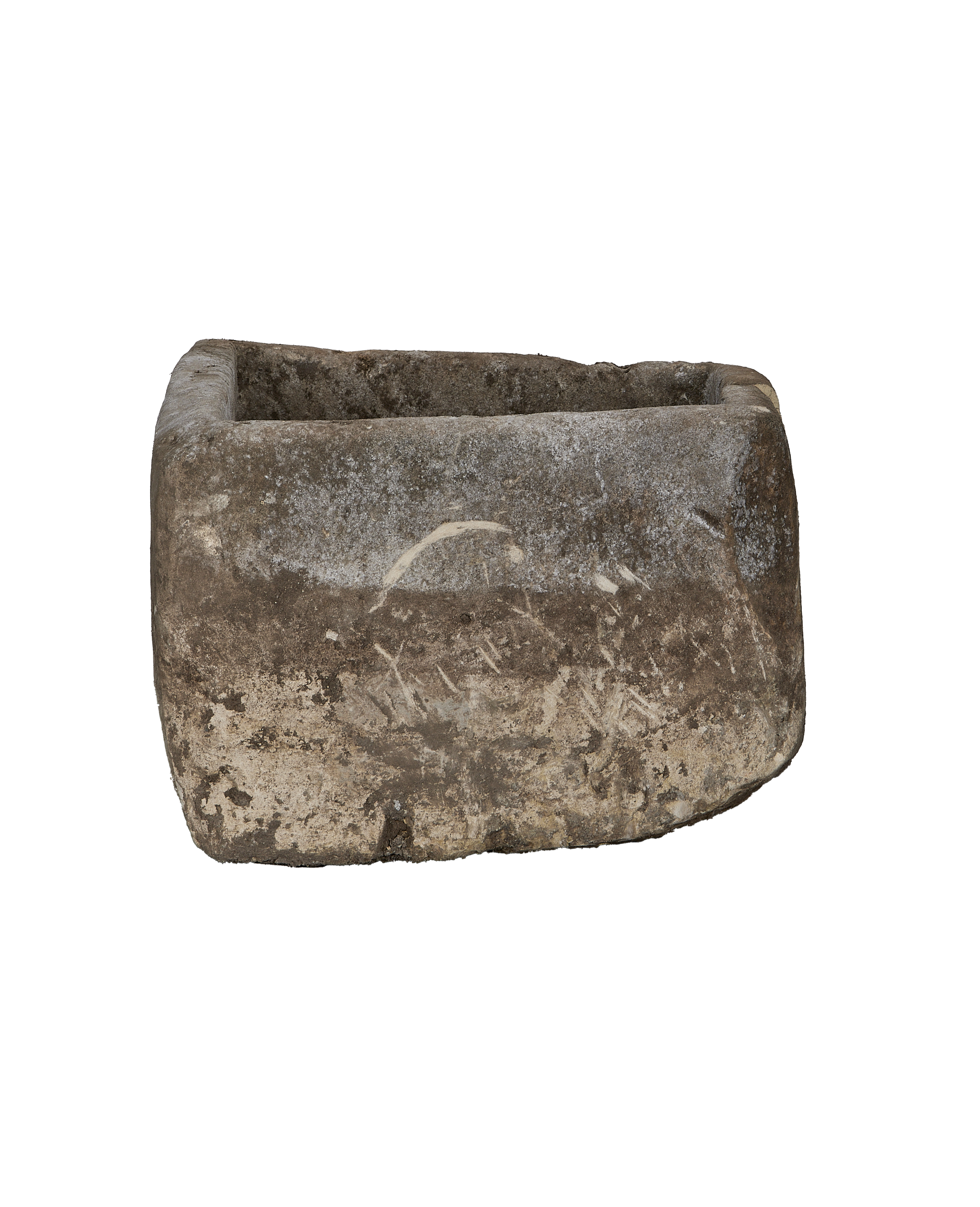 Vintage Indonesian limestone trough, rectangular, rustic gray texture with natural markings, angled view.