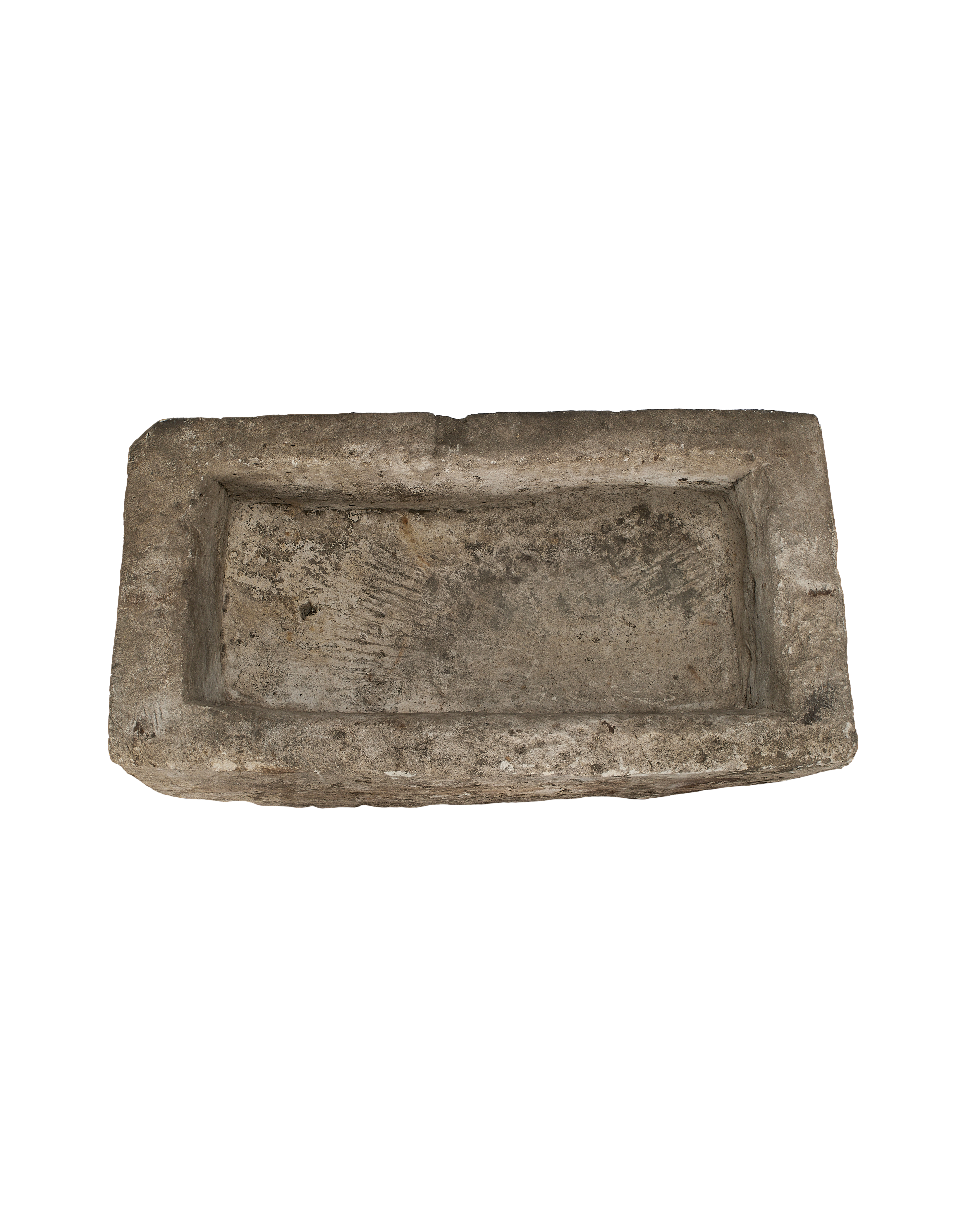 Vintage Indonesian limestone trough, top view shows weathered grey texture and rectangular basin.