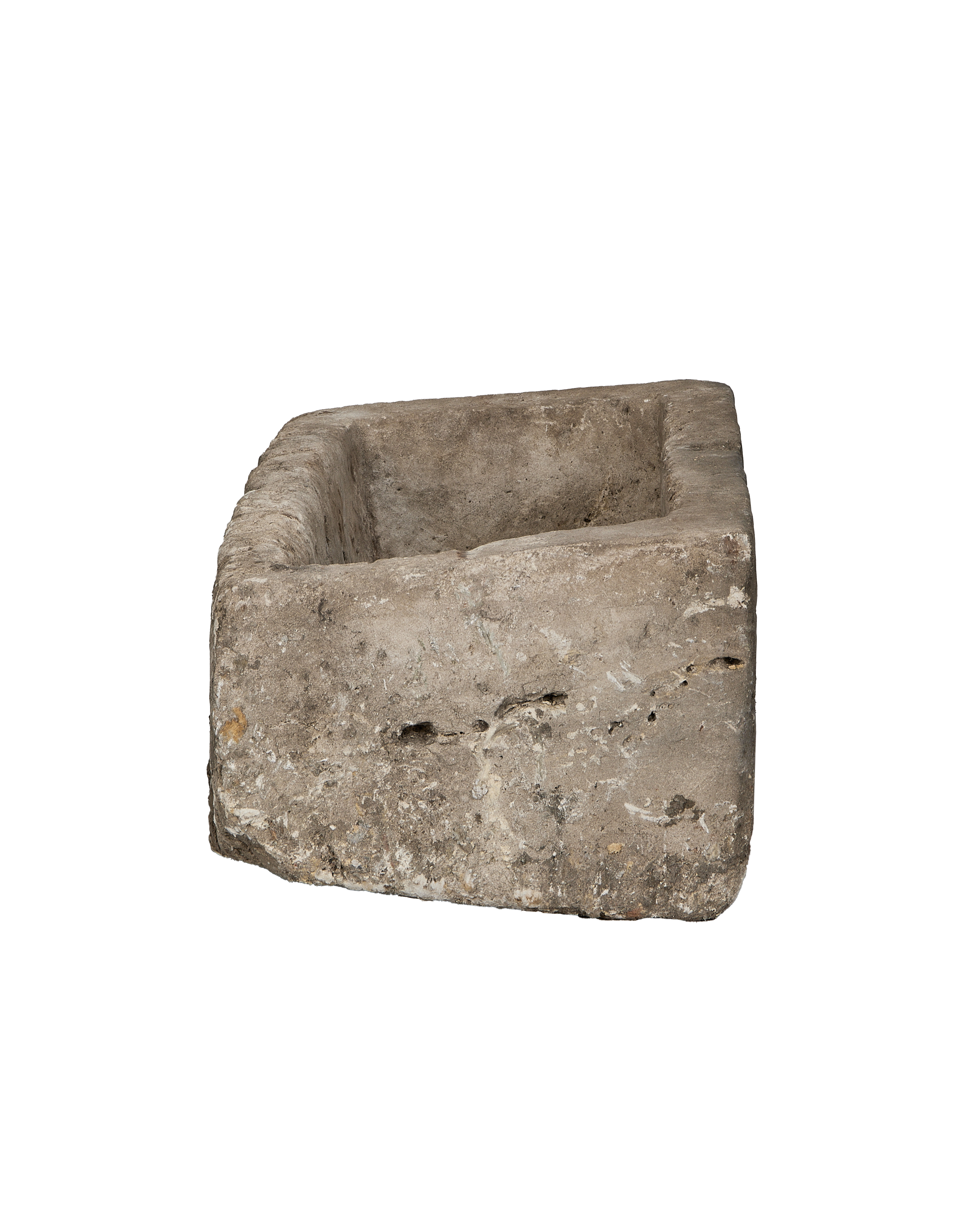 Vintage rectangular limestone trough, weathered texture and rough-hewn edges, Indonesian antique.