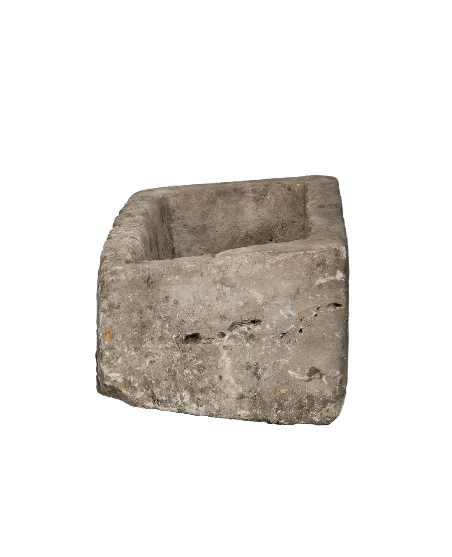 Vintage rectangular limestone trough, weathered texture and rough-hewn edges, Indonesian antique.