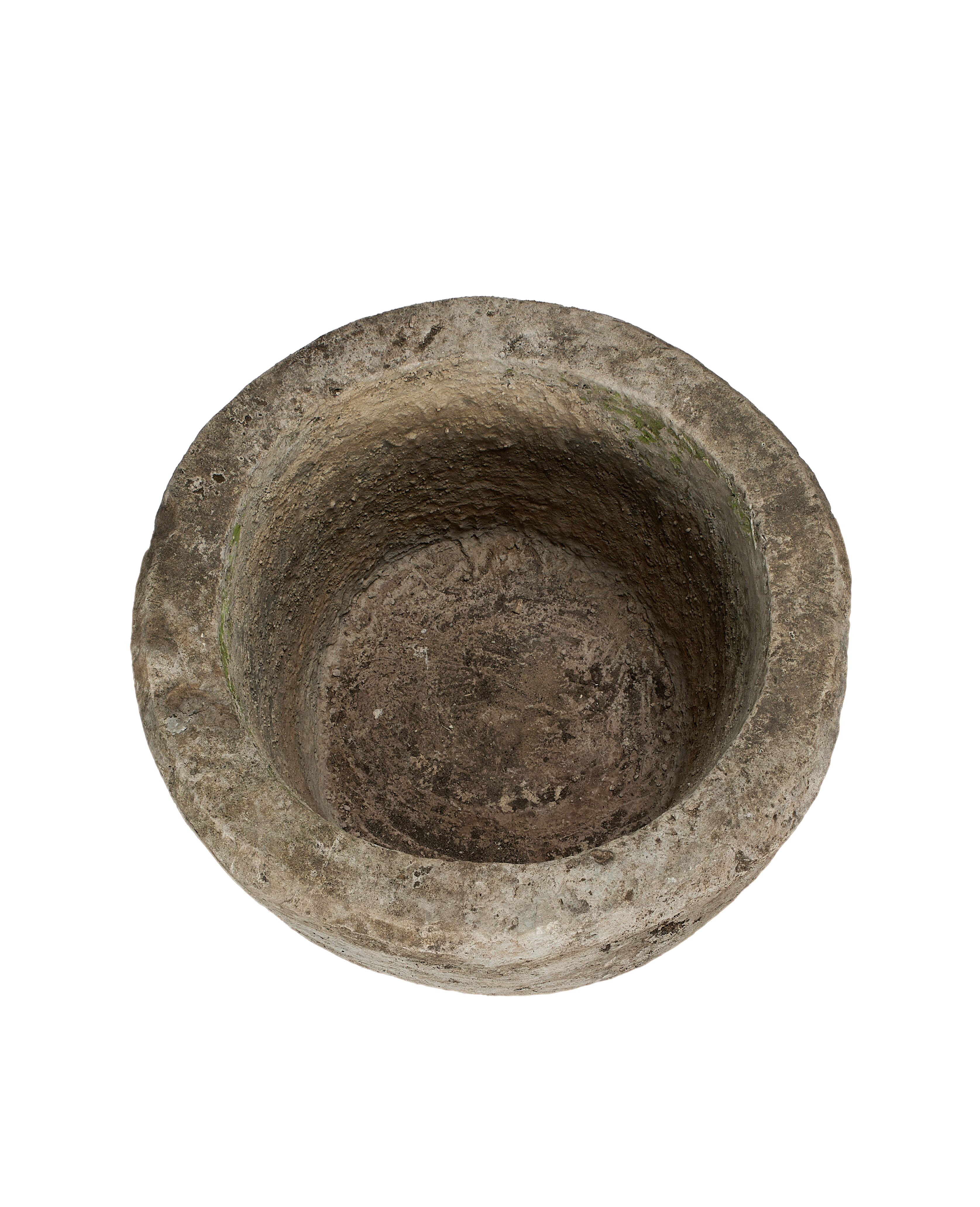 Vintage Indonesian round limestone trough, showing weathered interior surface and lip detail.