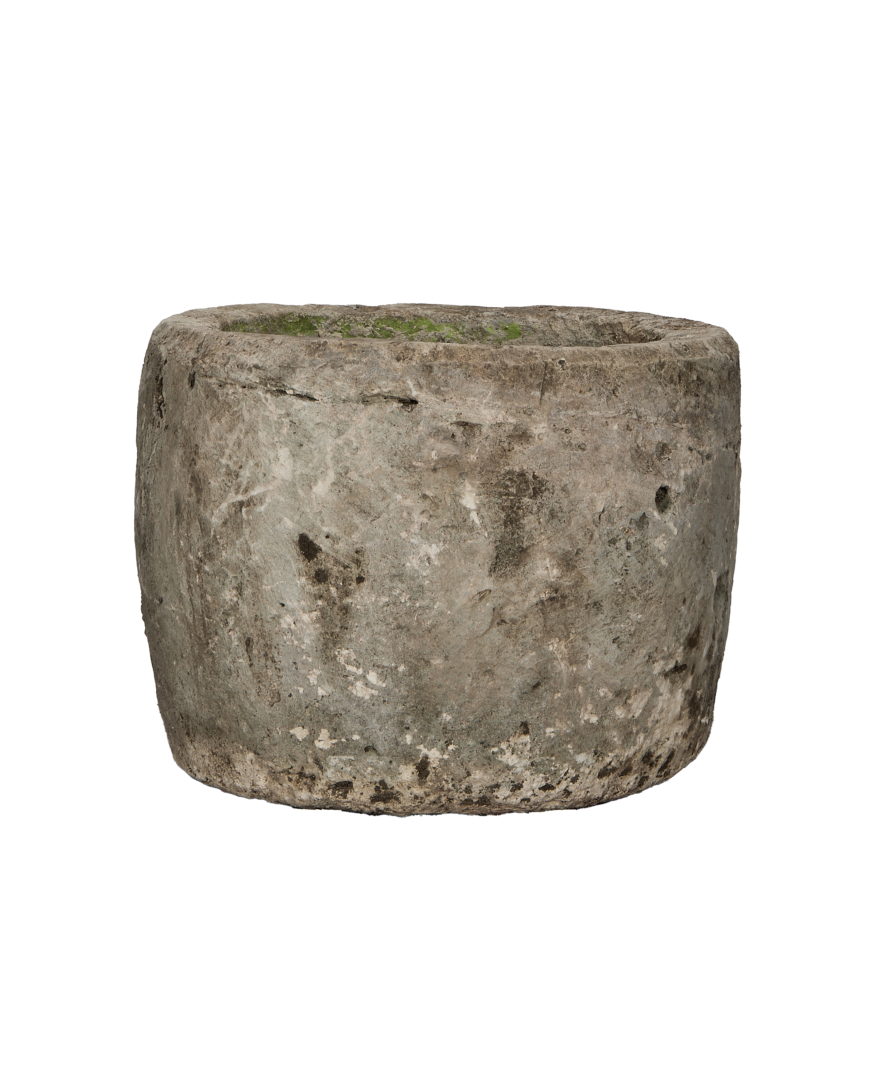 Vintage, weathered round limestone trough from Indonesia with moss and natural imperfections.