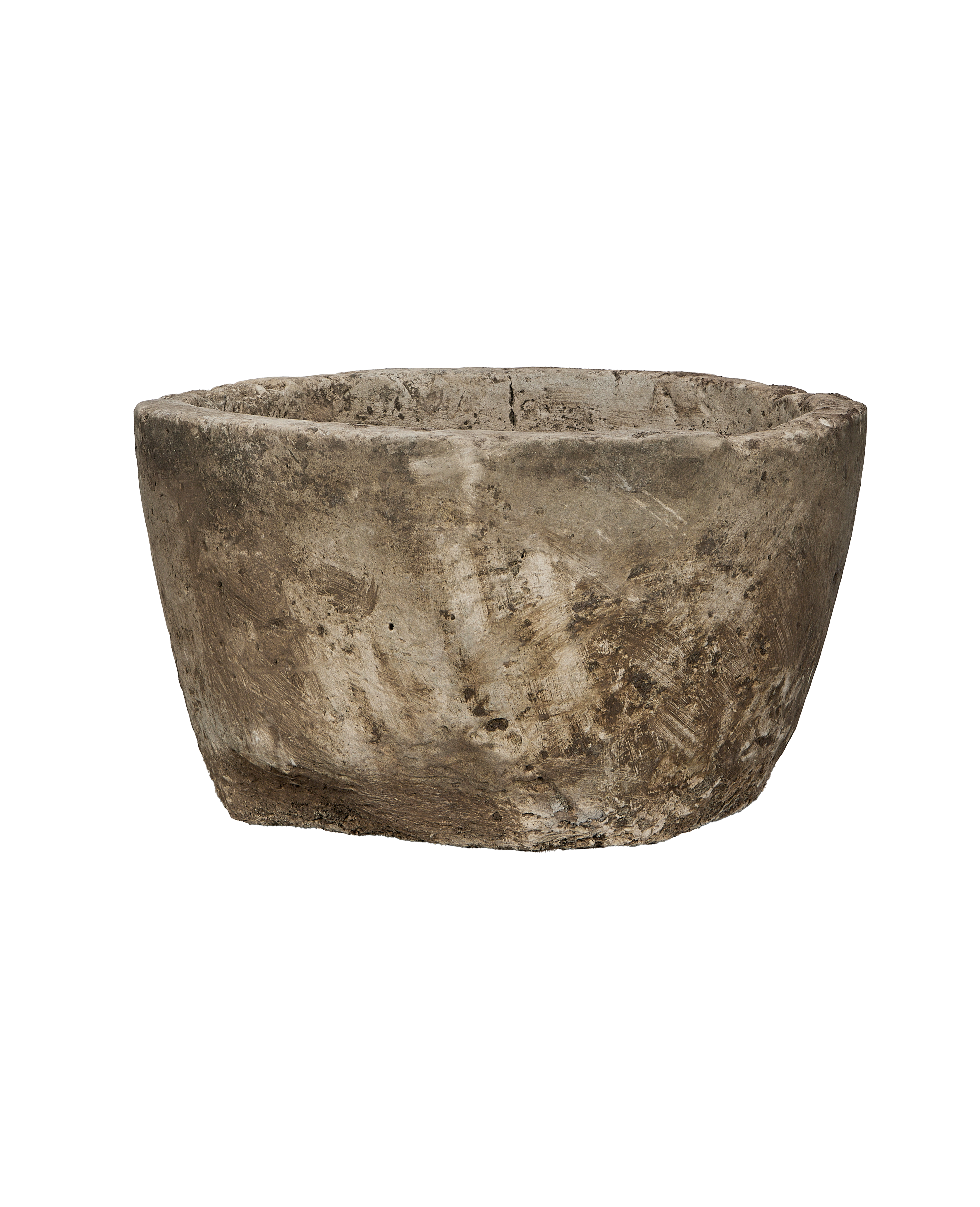 Vintage Indonesian limestone round trough, showing rough exterior texture and chipped rim, 3/4 view.