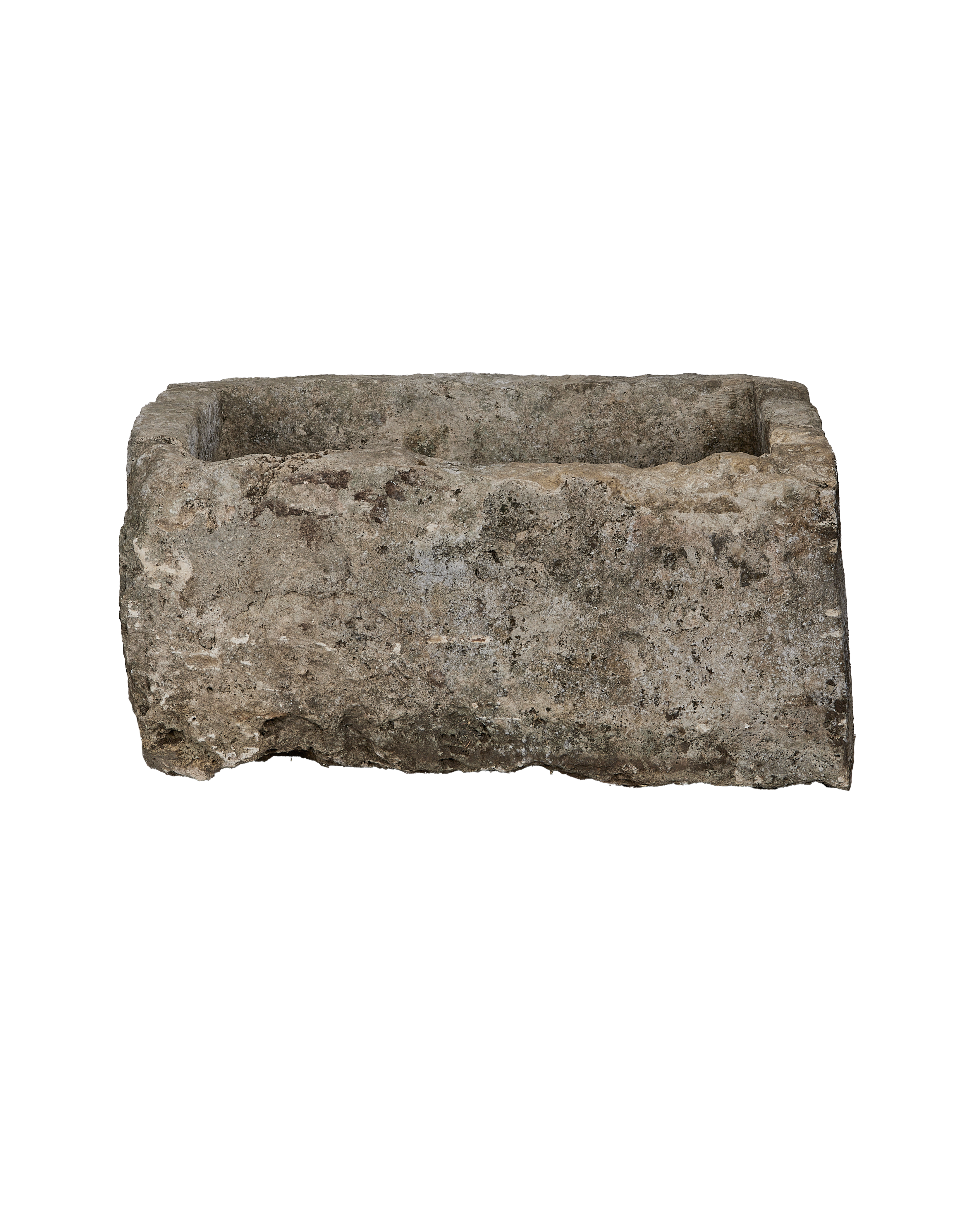 Vintage Indonesian rectangular limestone trough, rustic greyish-brown with textured surface and rough edges.