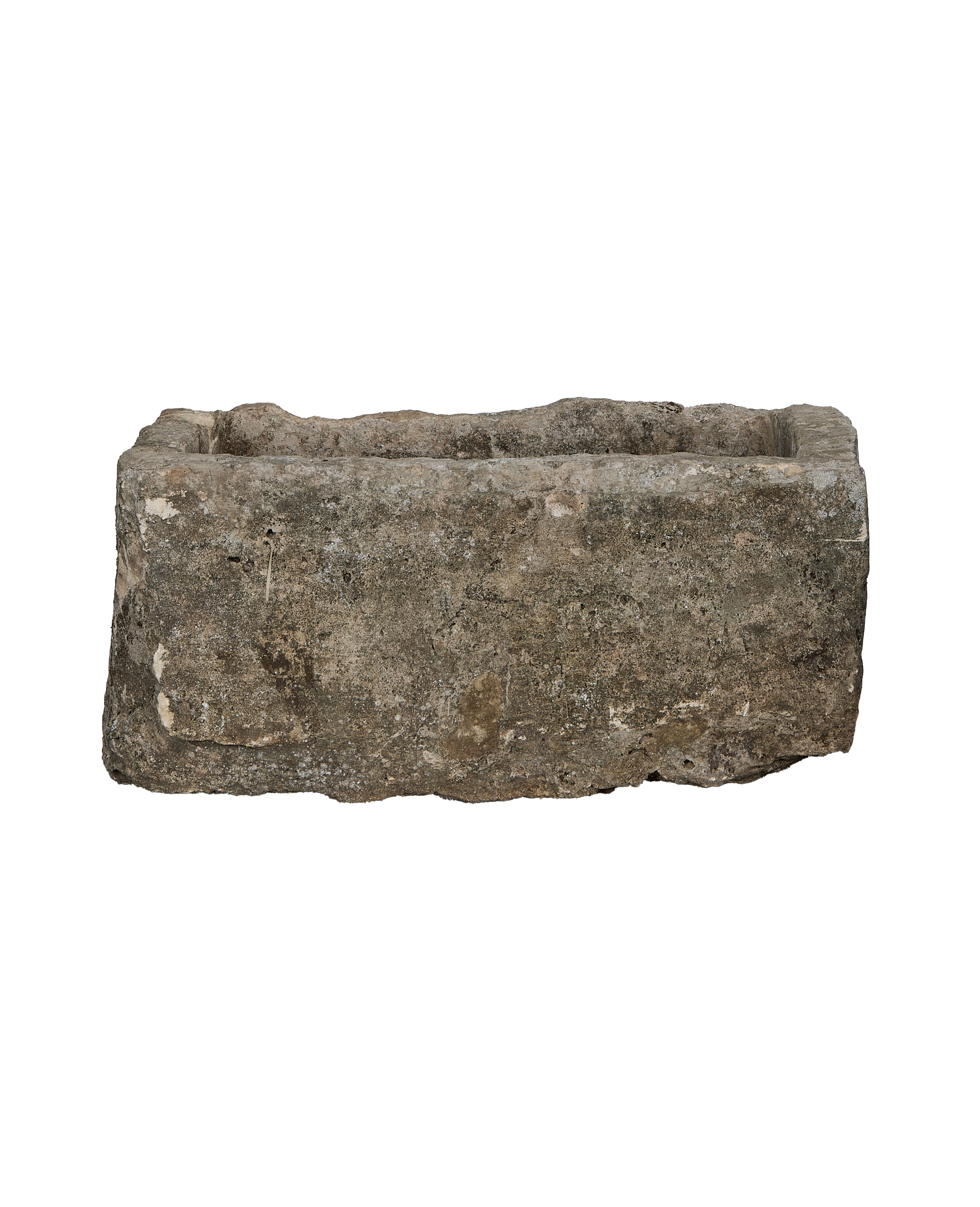 Vintage Indonesian rectangular limestone trough showing rough textured exterior, ideal for garden.
