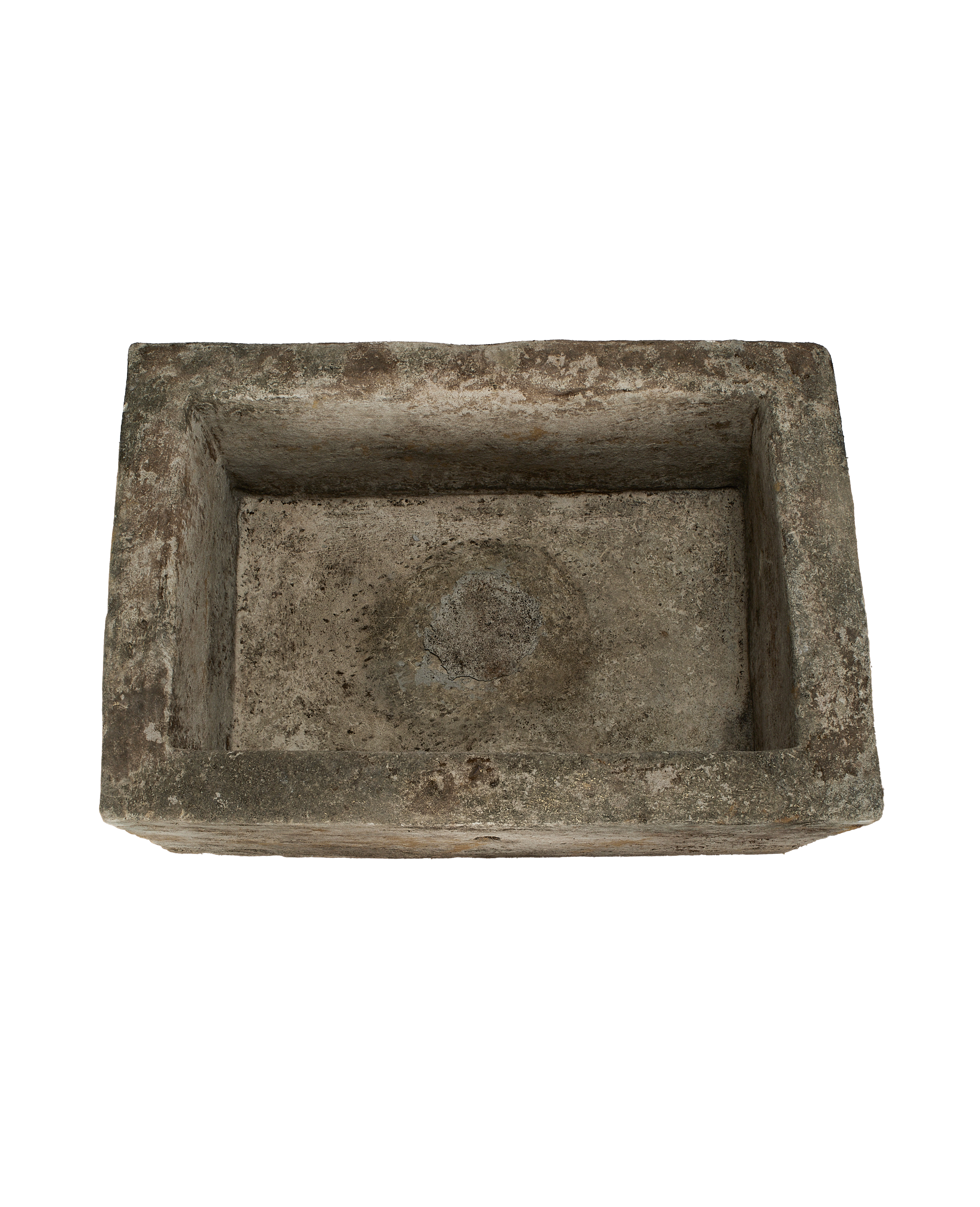 Rectangle vintage Indonesian limestone trough, top-down view highlighting the textured, weathered interior.
