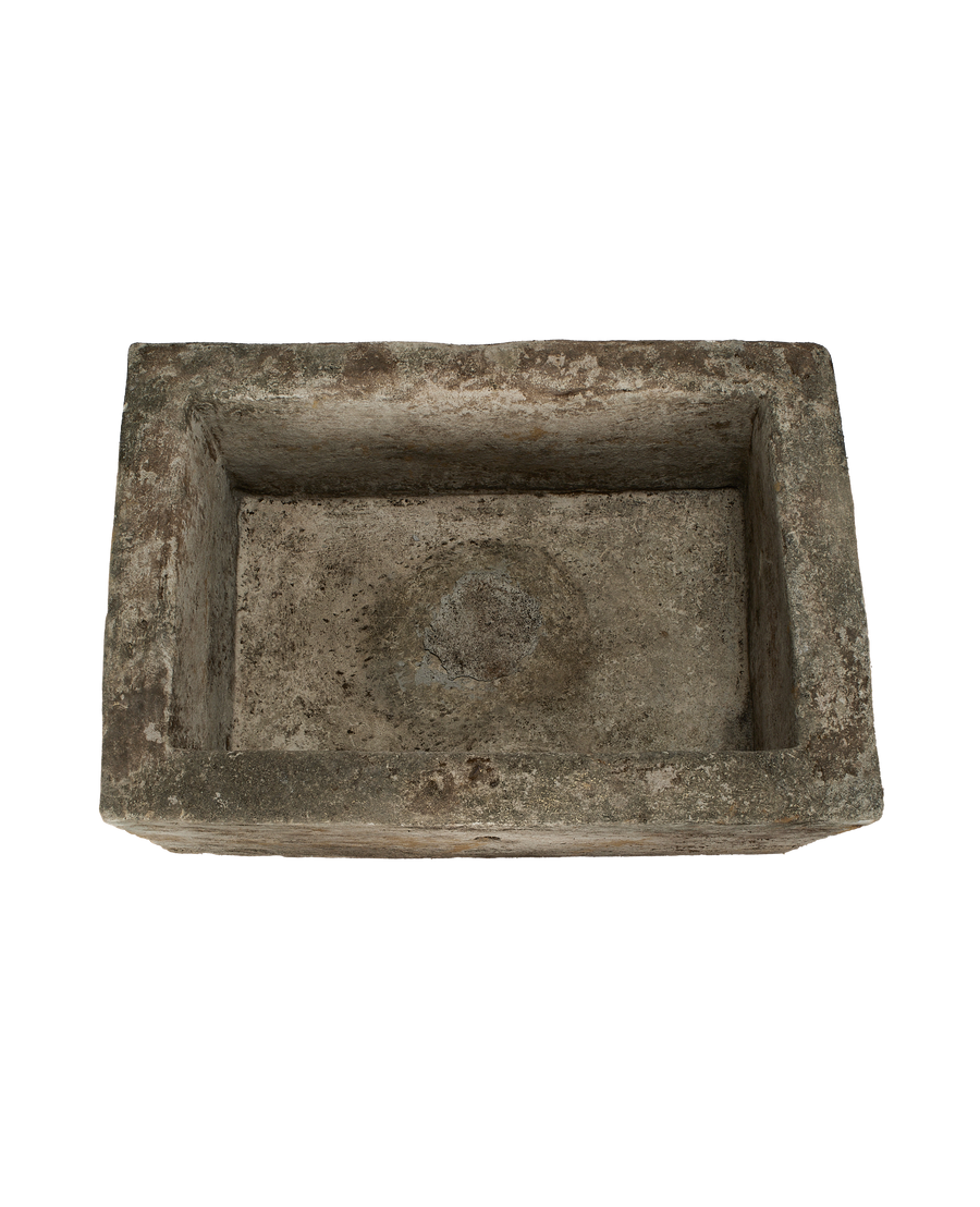 Rectangle vintage Indonesian limestone trough, top-down view highlighting the textured, weathered interior.