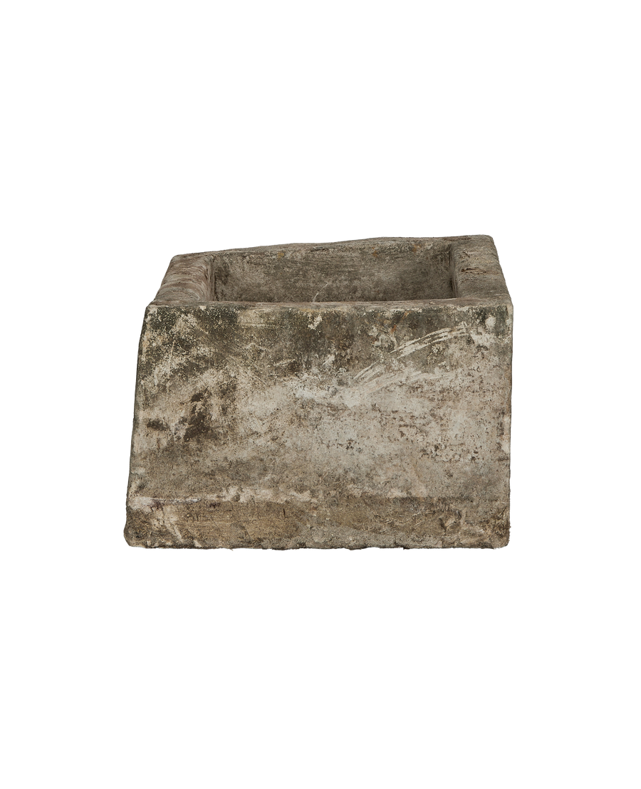 Vintage Indonesian OAK limestone rectangular trough, showing exterior texture and weathered patina.