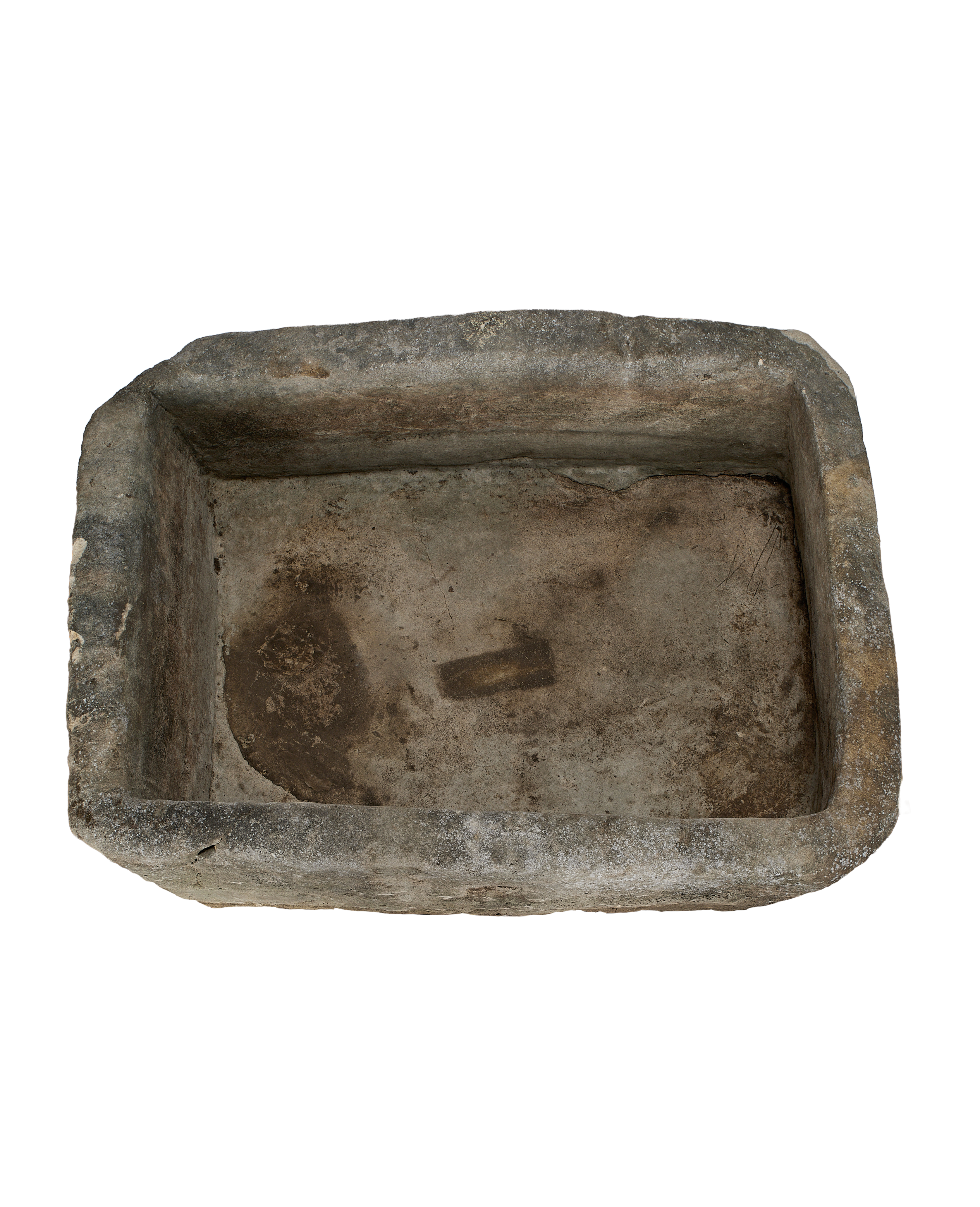 Vintage Indonesian limestone trough, top view, showing rectangular shape and weathered interior.