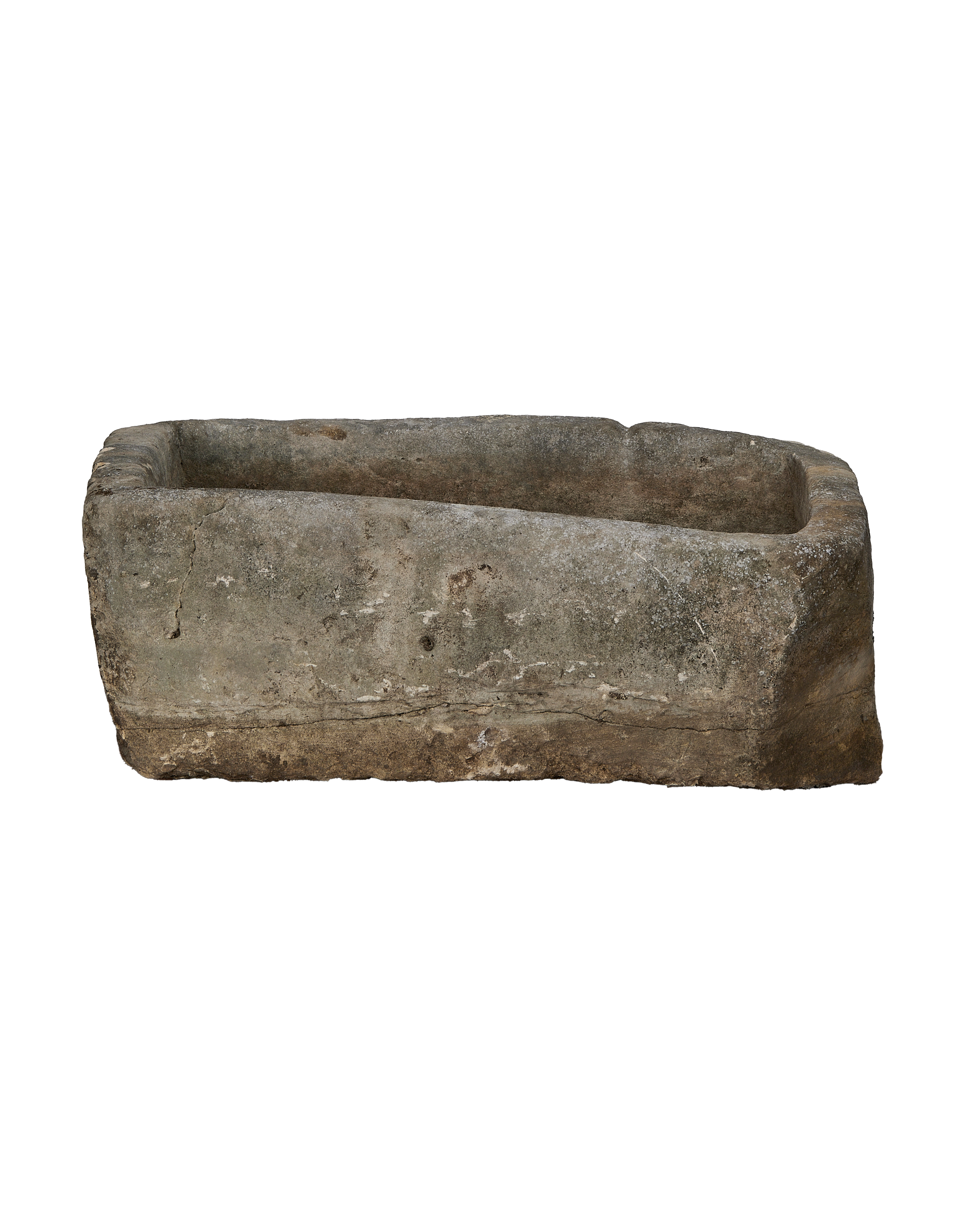 Vintage rectangular limestone trough from Indonesia, weathered surface, distressed texture.