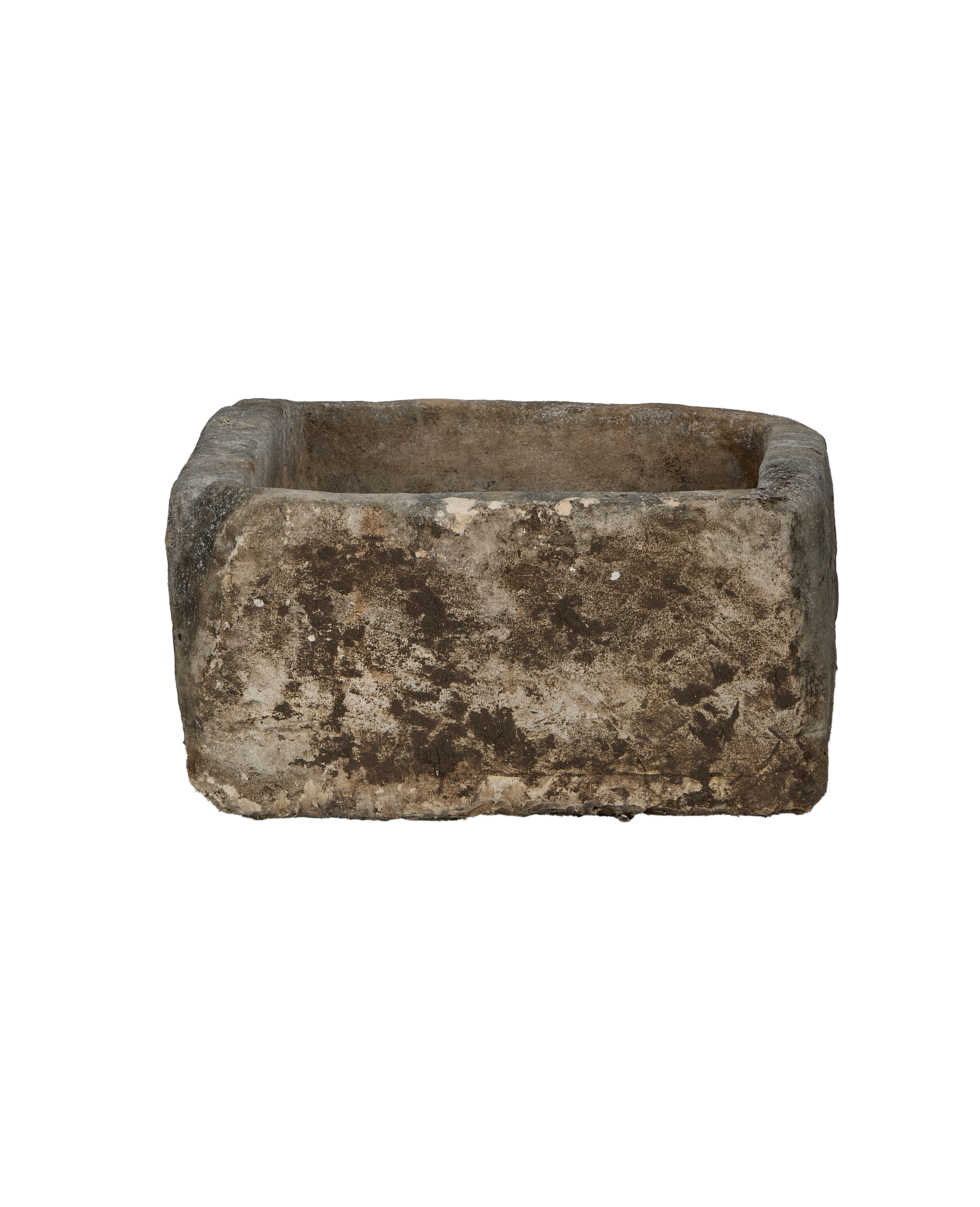 Vintage Indonesian rectangular limestone trough, showcasing textured exterior with weathered details and natural patina.