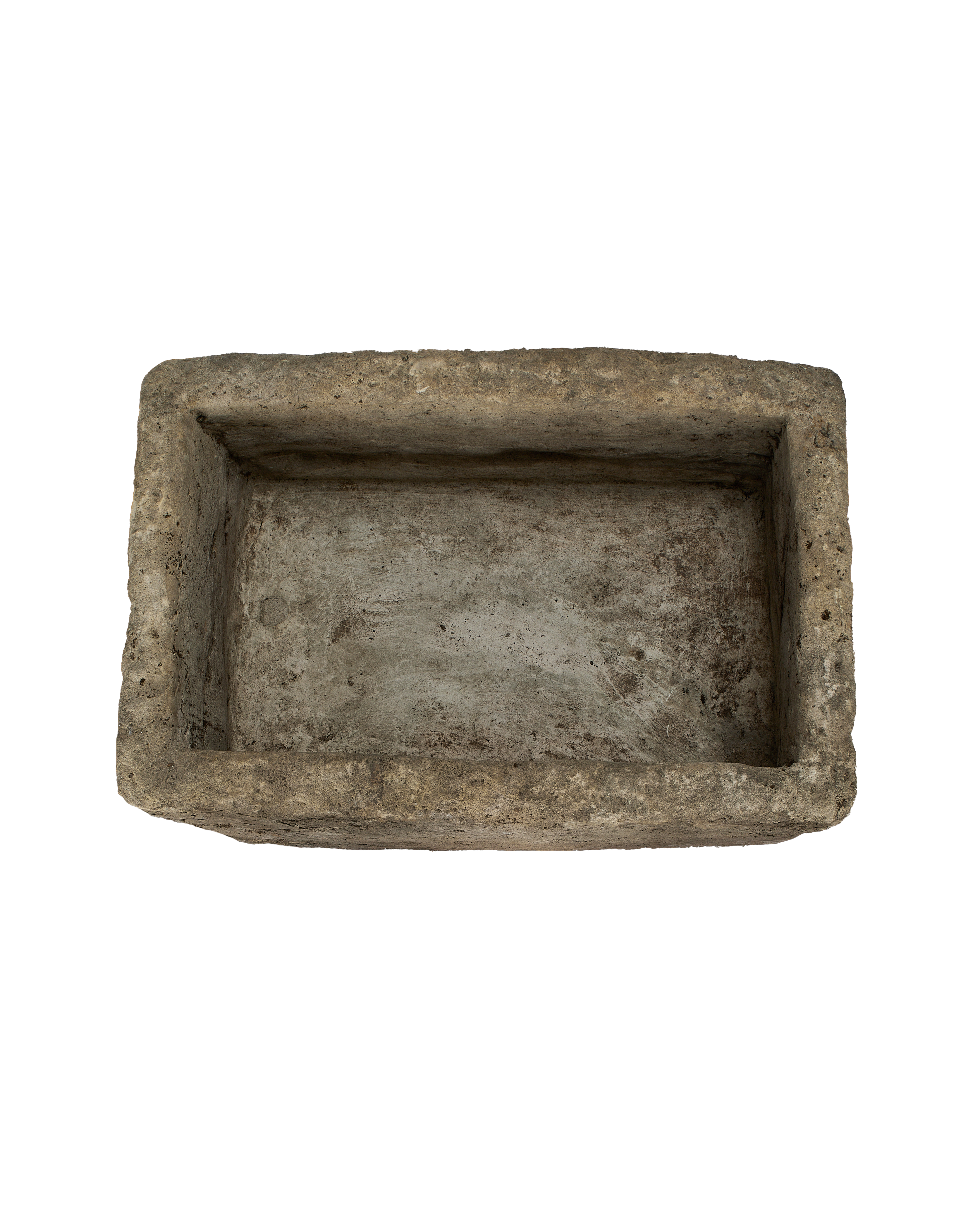 Vintage rectangular limestone trough, top view showing weathered, texture-rich interior.