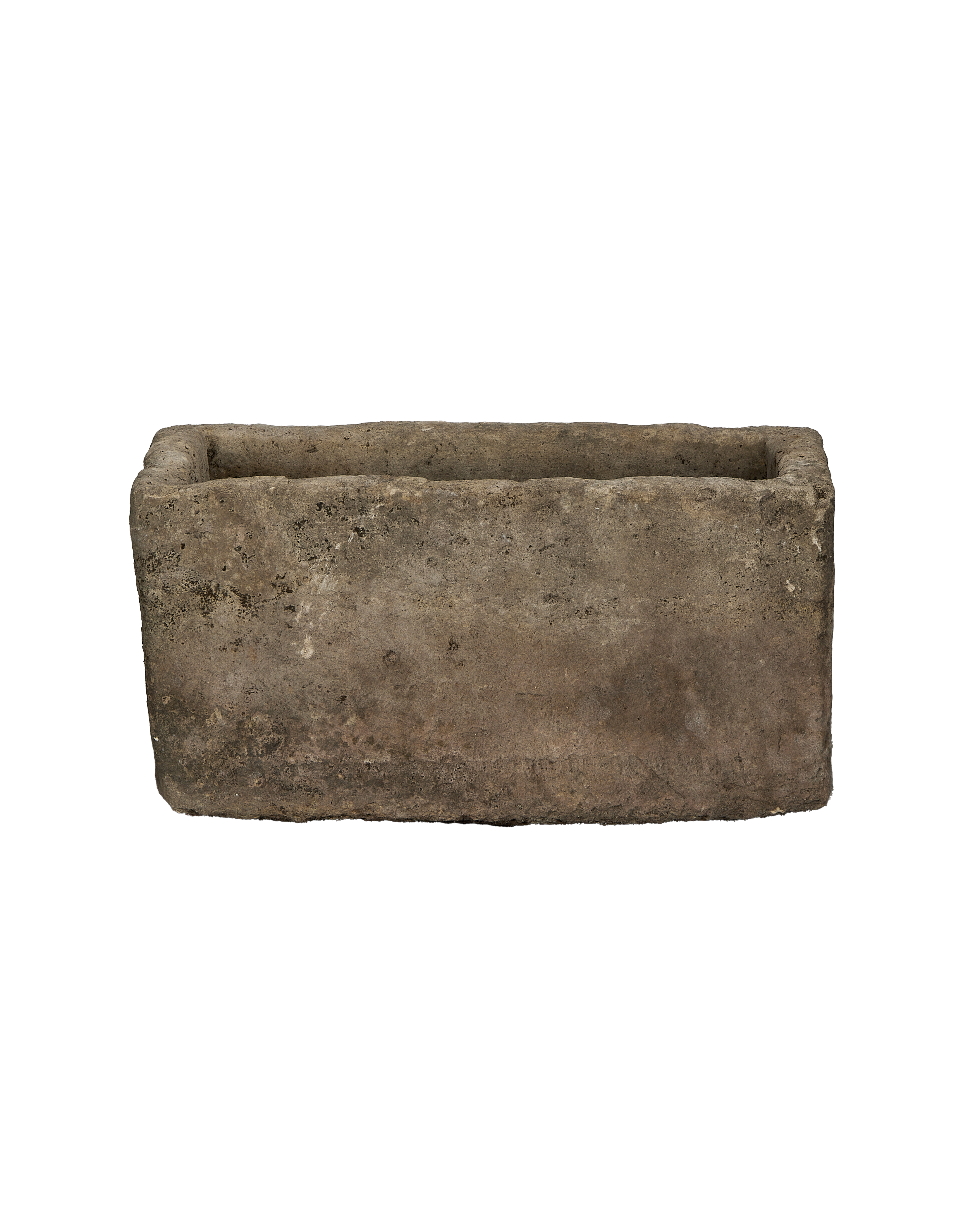 Vintage rectangular limestone trough, weathered gray, Indonesia-sourced, with textured surface.