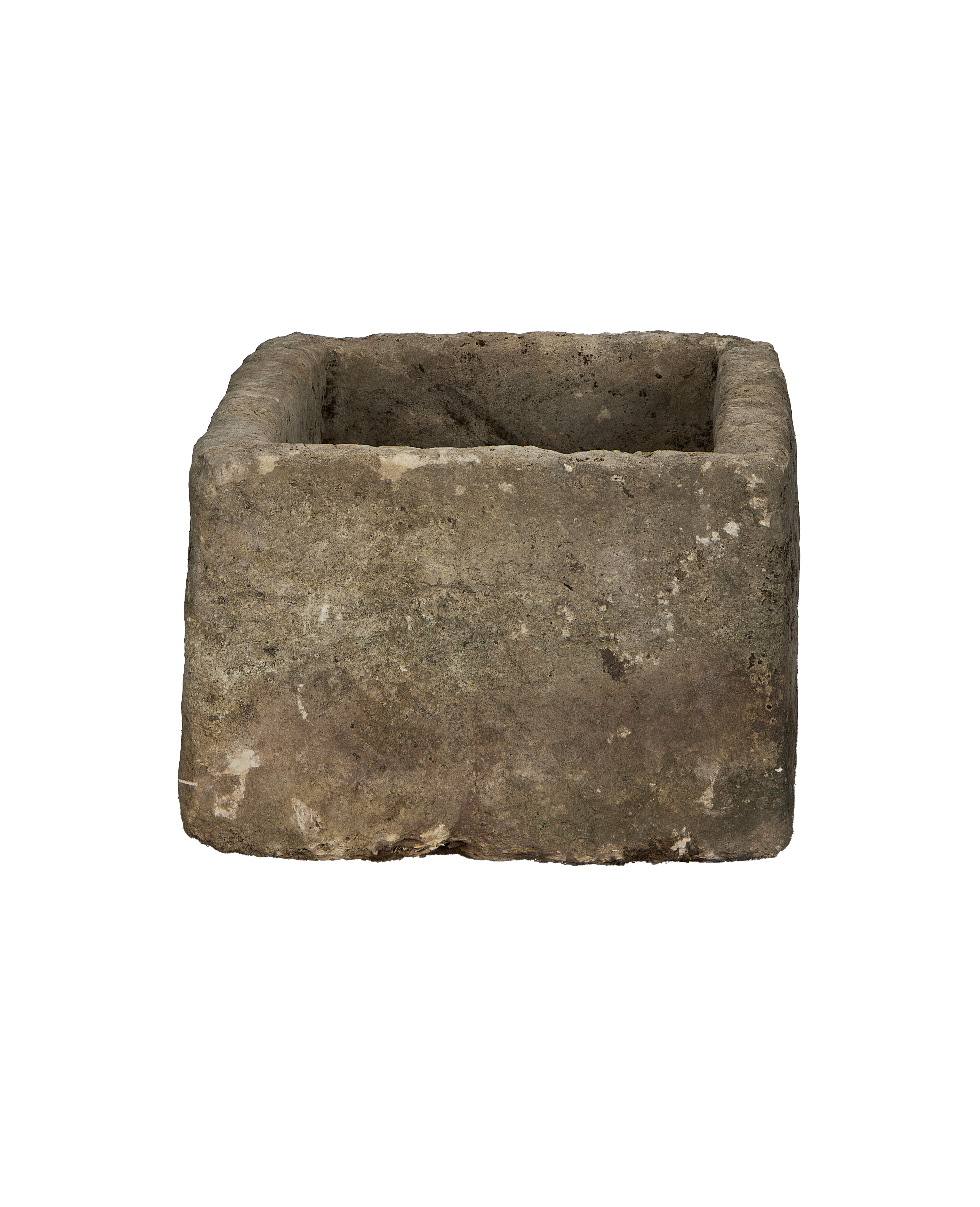 Vintage Indonesian limestone trough, rectangular, OAK, with textured, weathered exterior from front view.