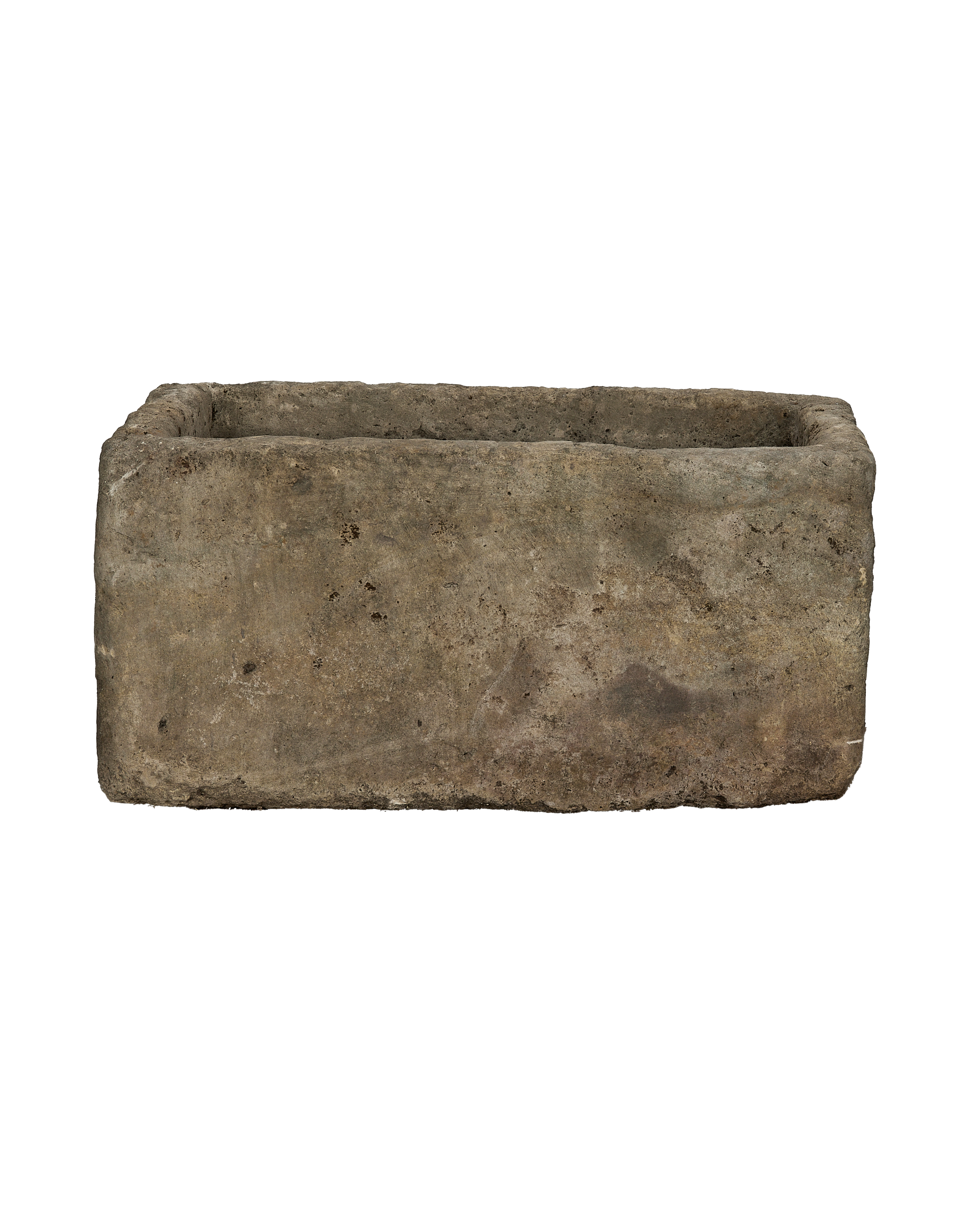 Vintage rectangular limestone trough, showing weathered texture and aged imperfections on side.