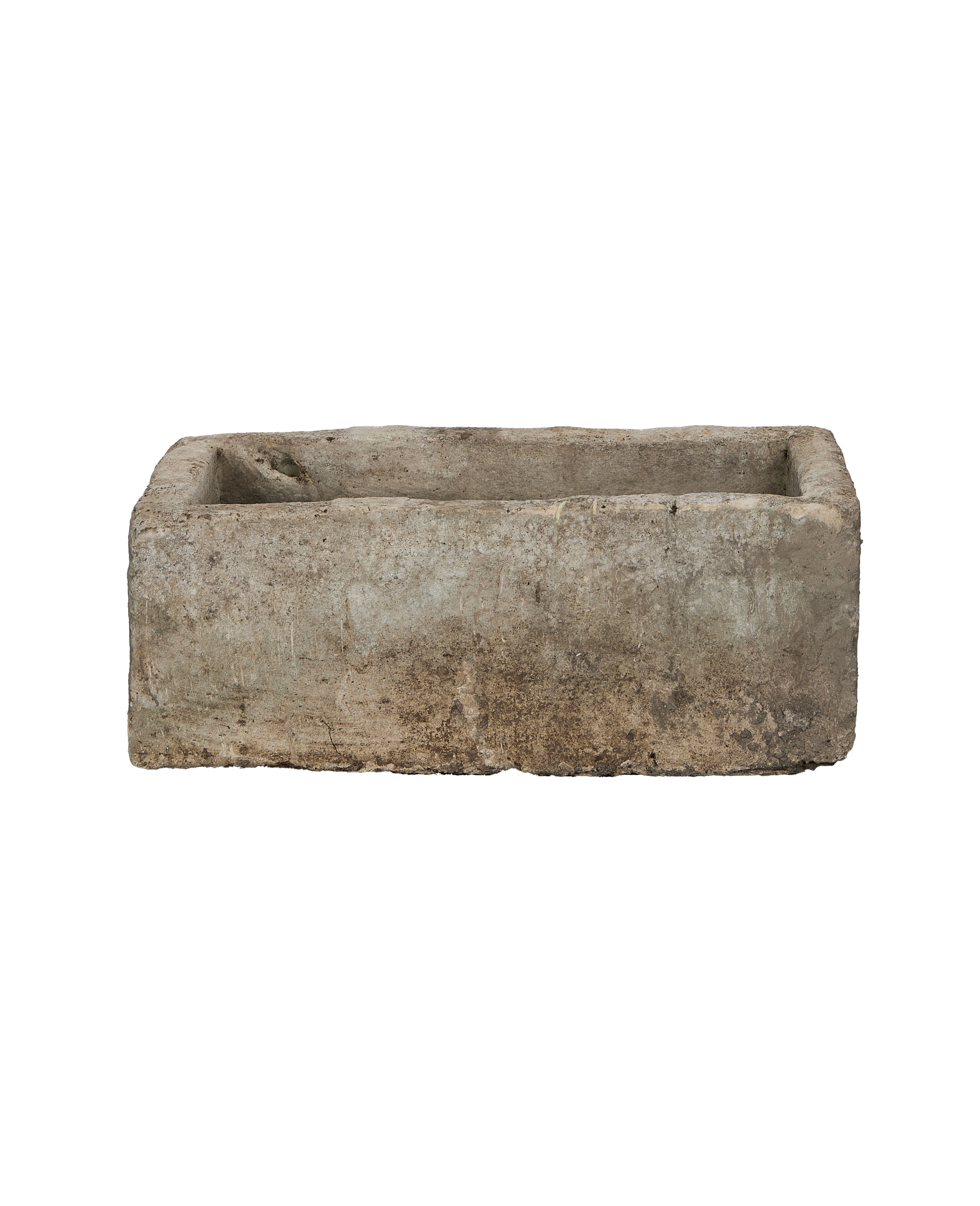 Vintage rectangular Indonesian limestone trough with weathered, textured grey surface.